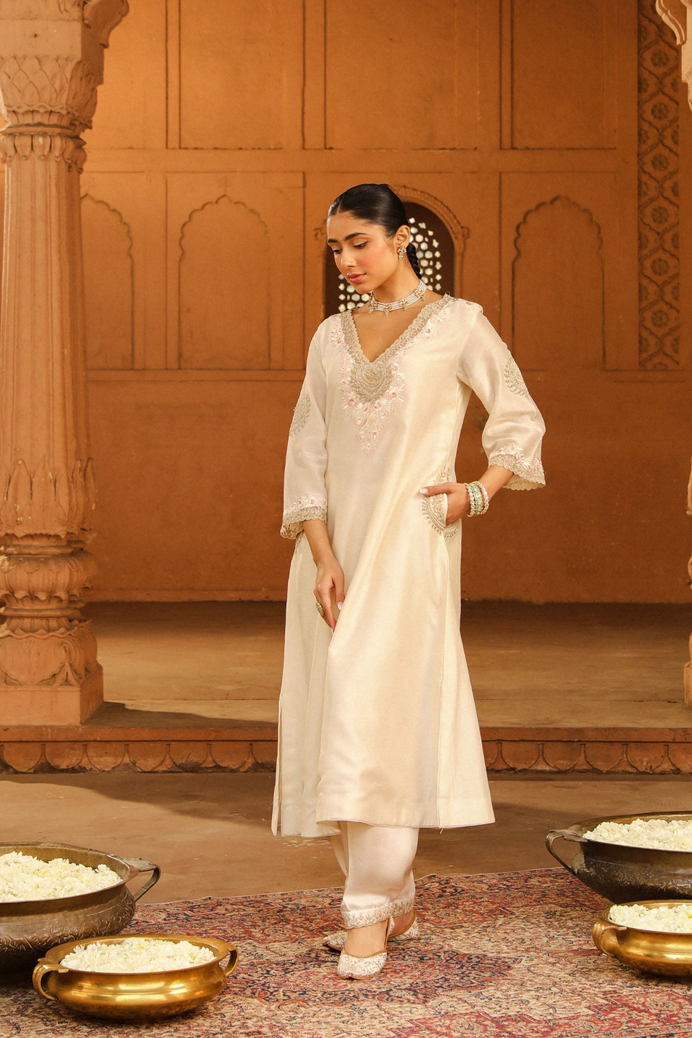 Hanna Khan In Akira Daisy Ivory Long Choga with Salwar