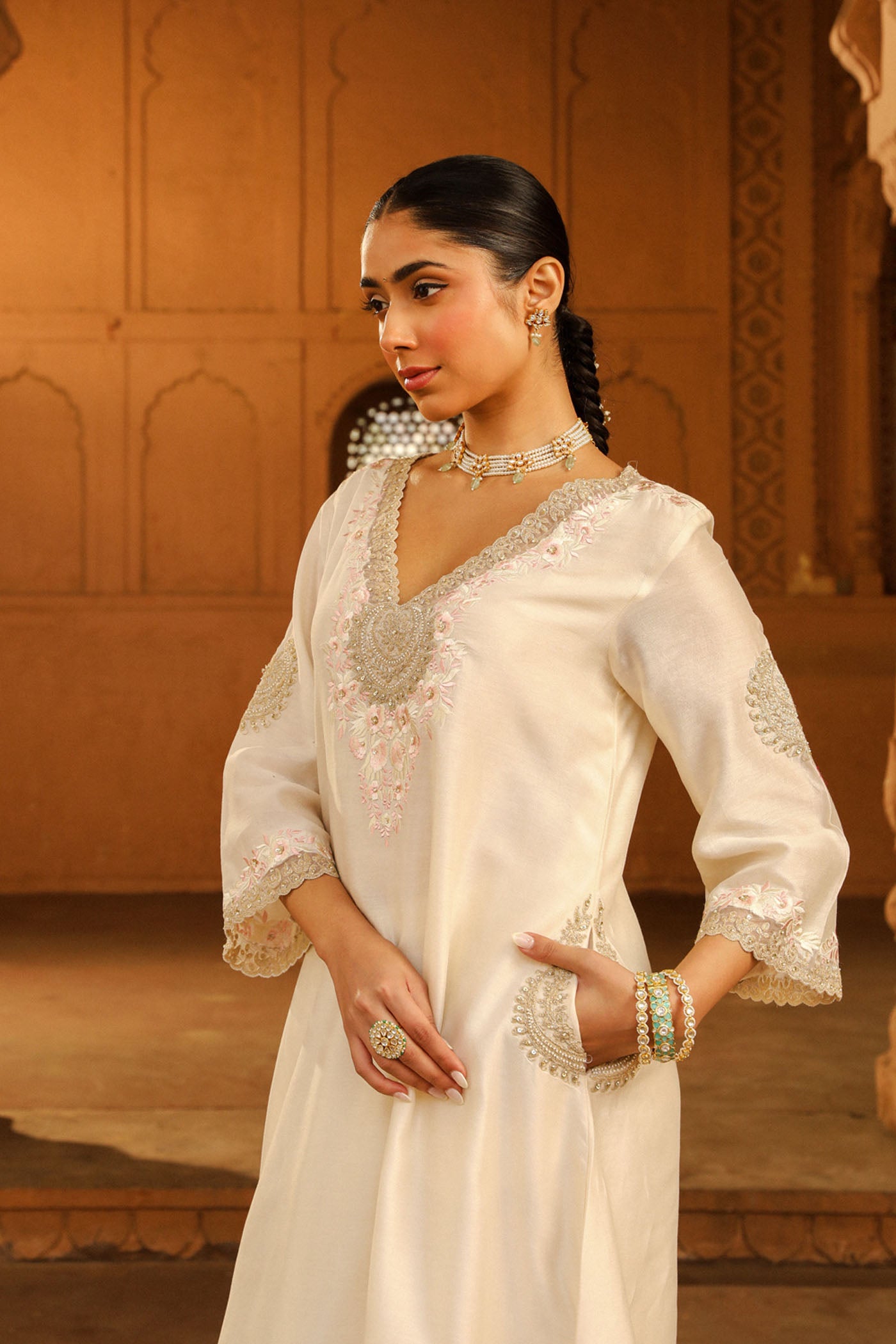 Hanna Khan In Akira Daisy Ivory Long Choga with Salwar