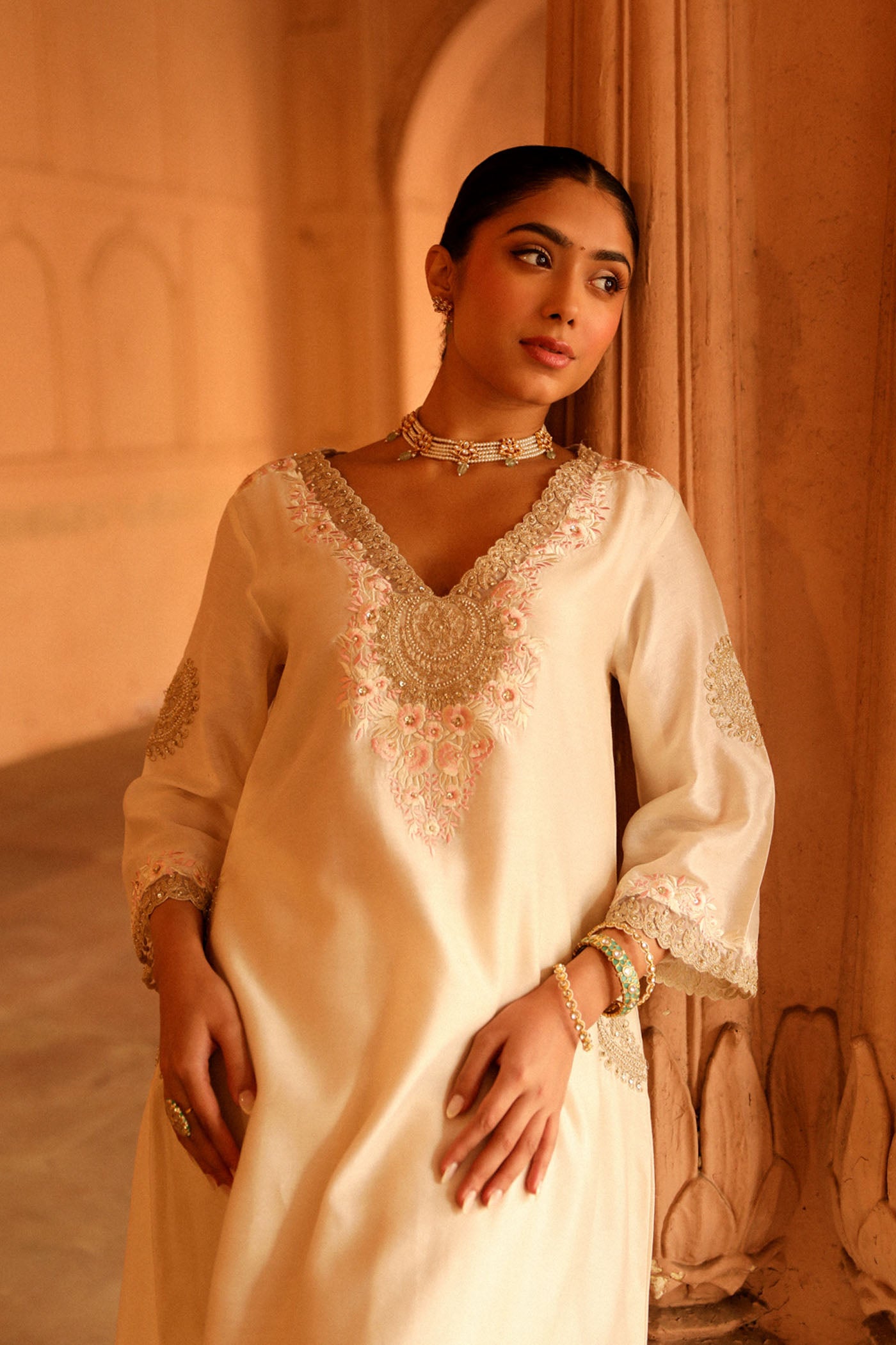 Hanna Khan In Akira Daisy Ivory Long Choga with Salwar
