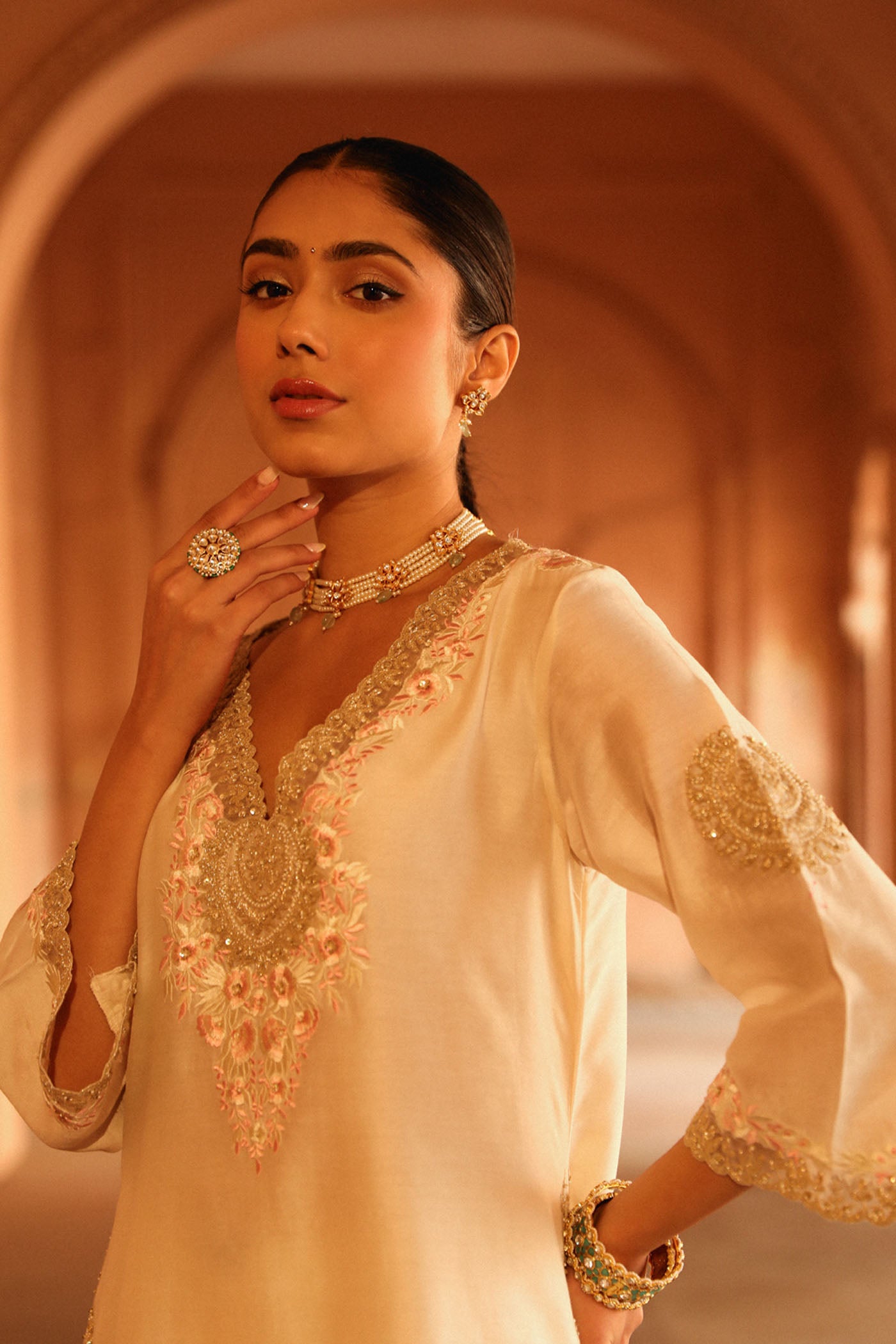 Hanna Khan In Akira Daisy Ivory Long Choga with Salwar