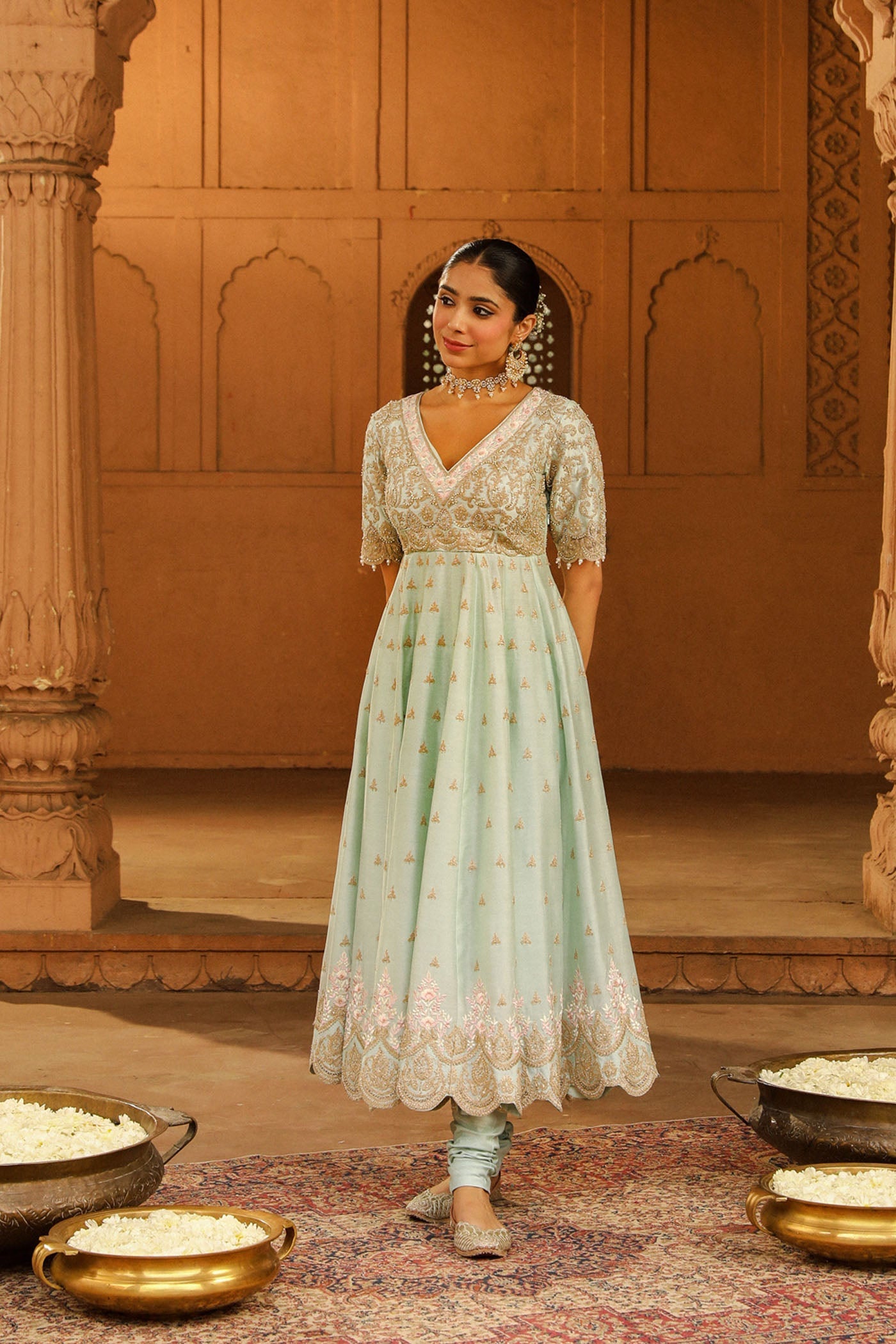 Wasifa - Misty Green Ankle Length Anarkali with Chooridaar and Dupatta (Lxrts)