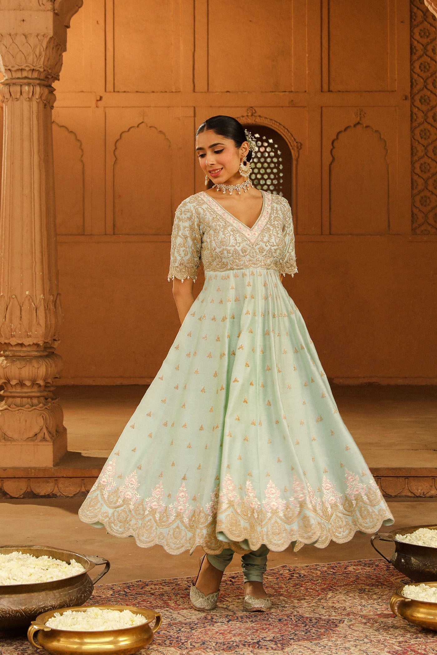 Wasifa - Misty Green Ankle Length Anarkali with Chooridaar and Dupatta (Lxrts)