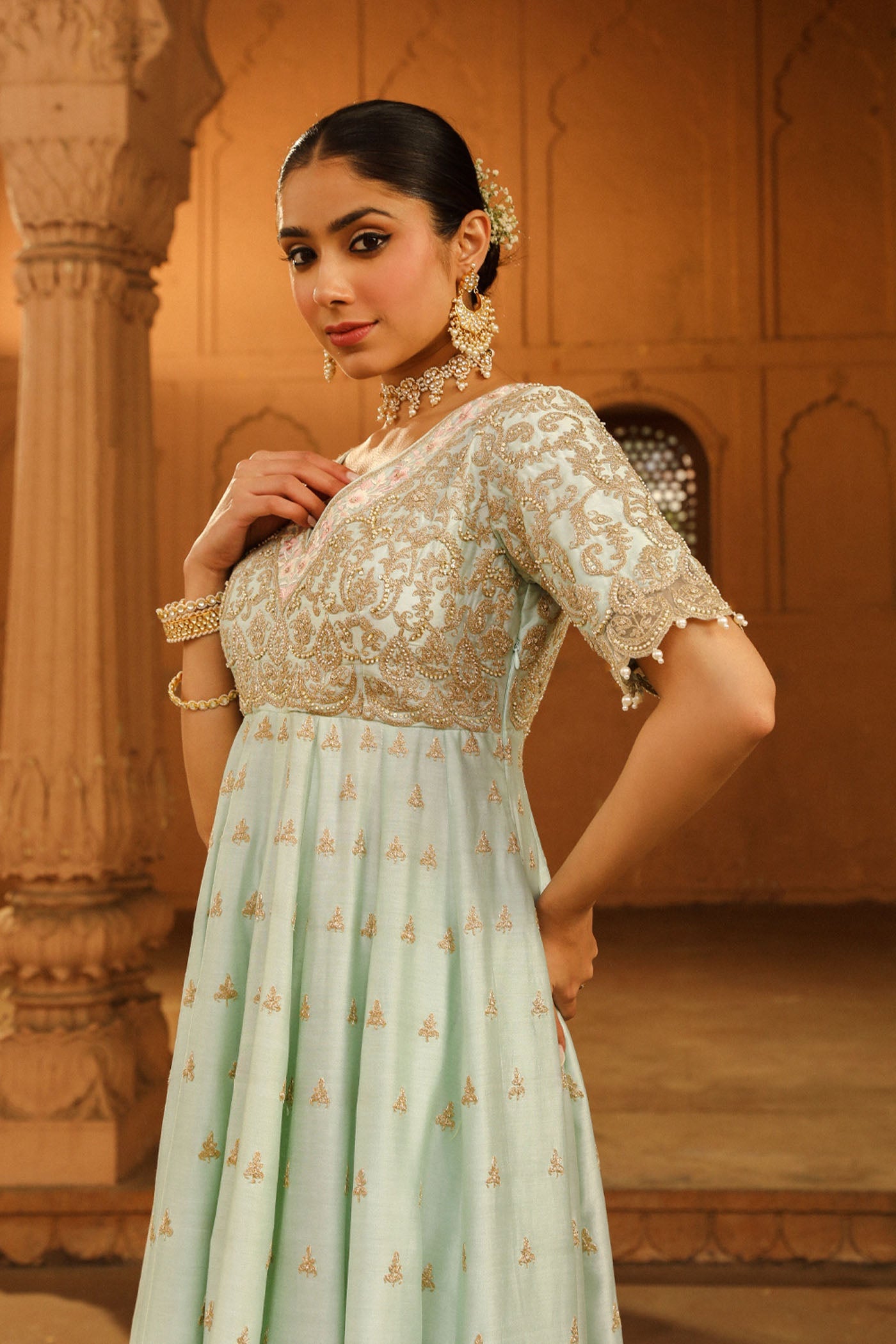 Wasifa - Misty Green Ankle Length Anarkali with Chooridaar and Dupatta (Lxrts)
