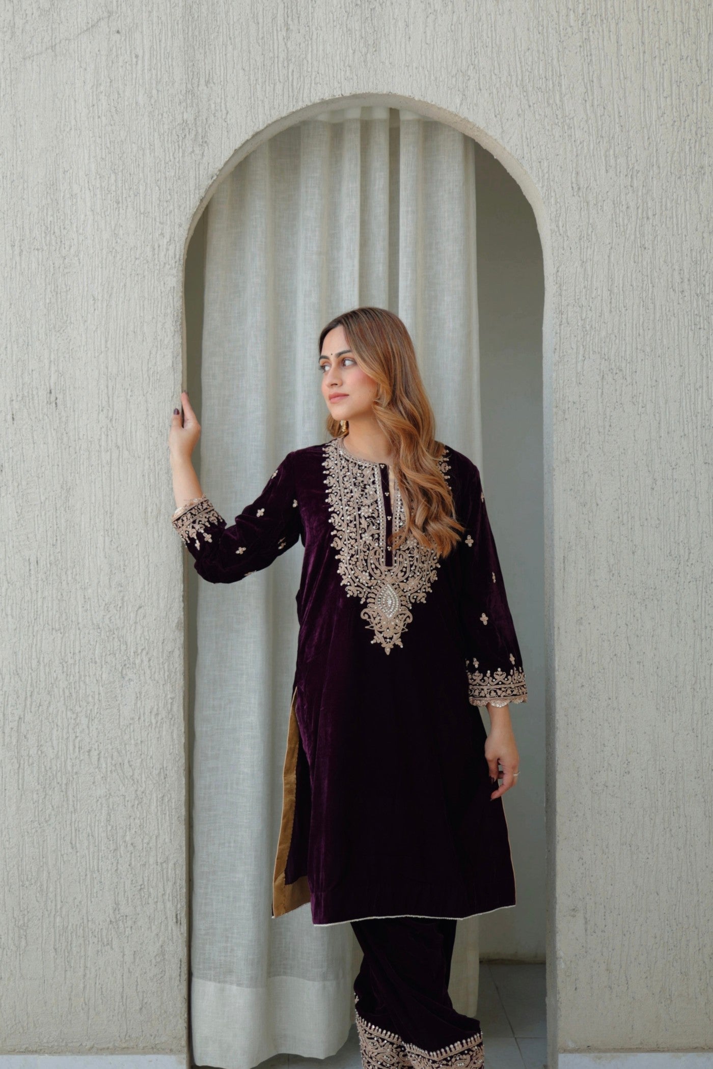 Naima - Wine Silk Velvet Short Kurta with Salwar (LXRTS)