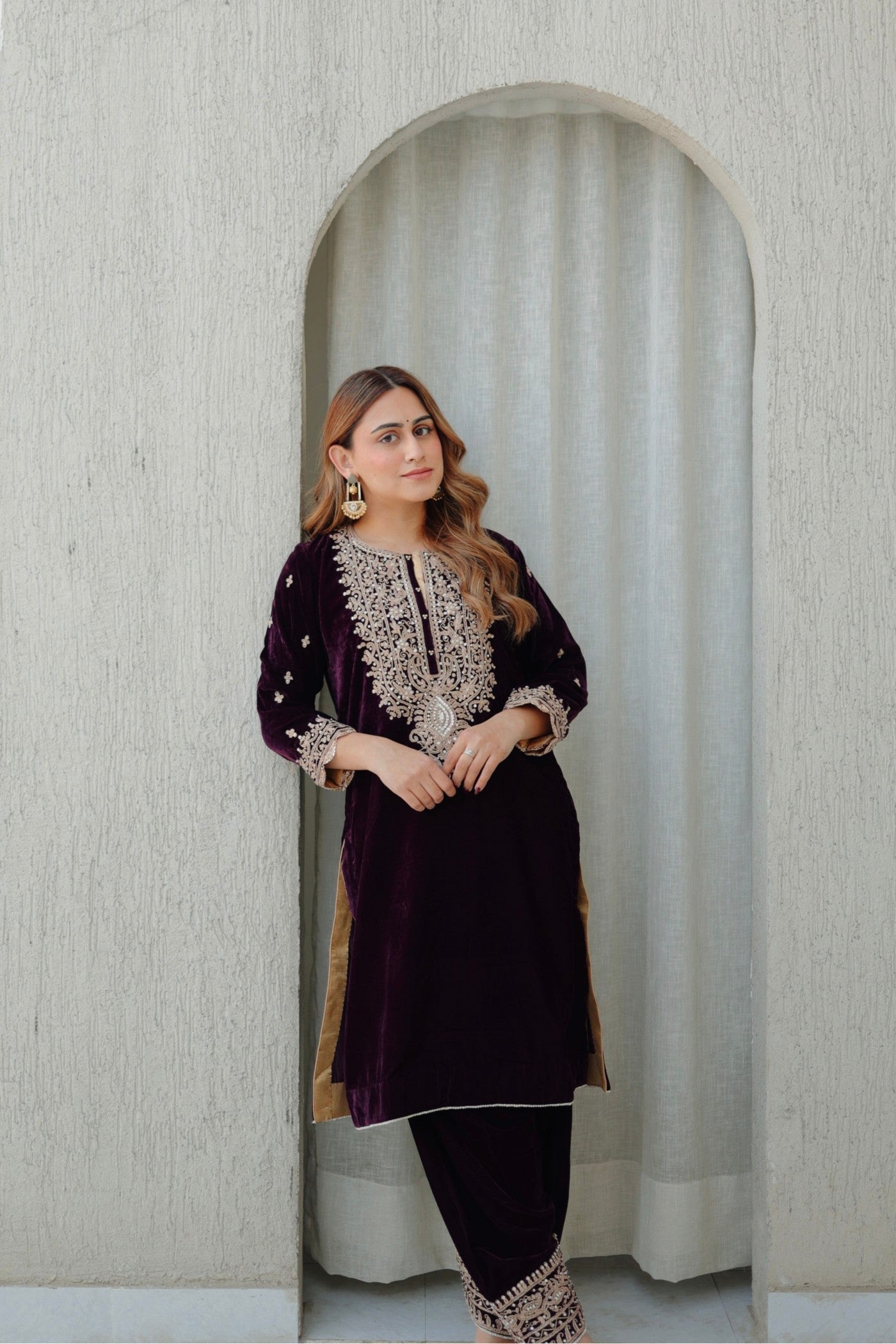 Naima - Wine Silk Velvet Short Kurta with Salwar (LXRTS)