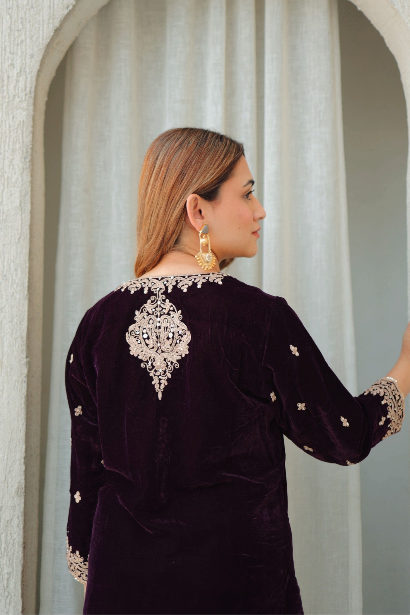 Naima - Wine Silk Velvet Short Kurta with Salwar (LXRTS)