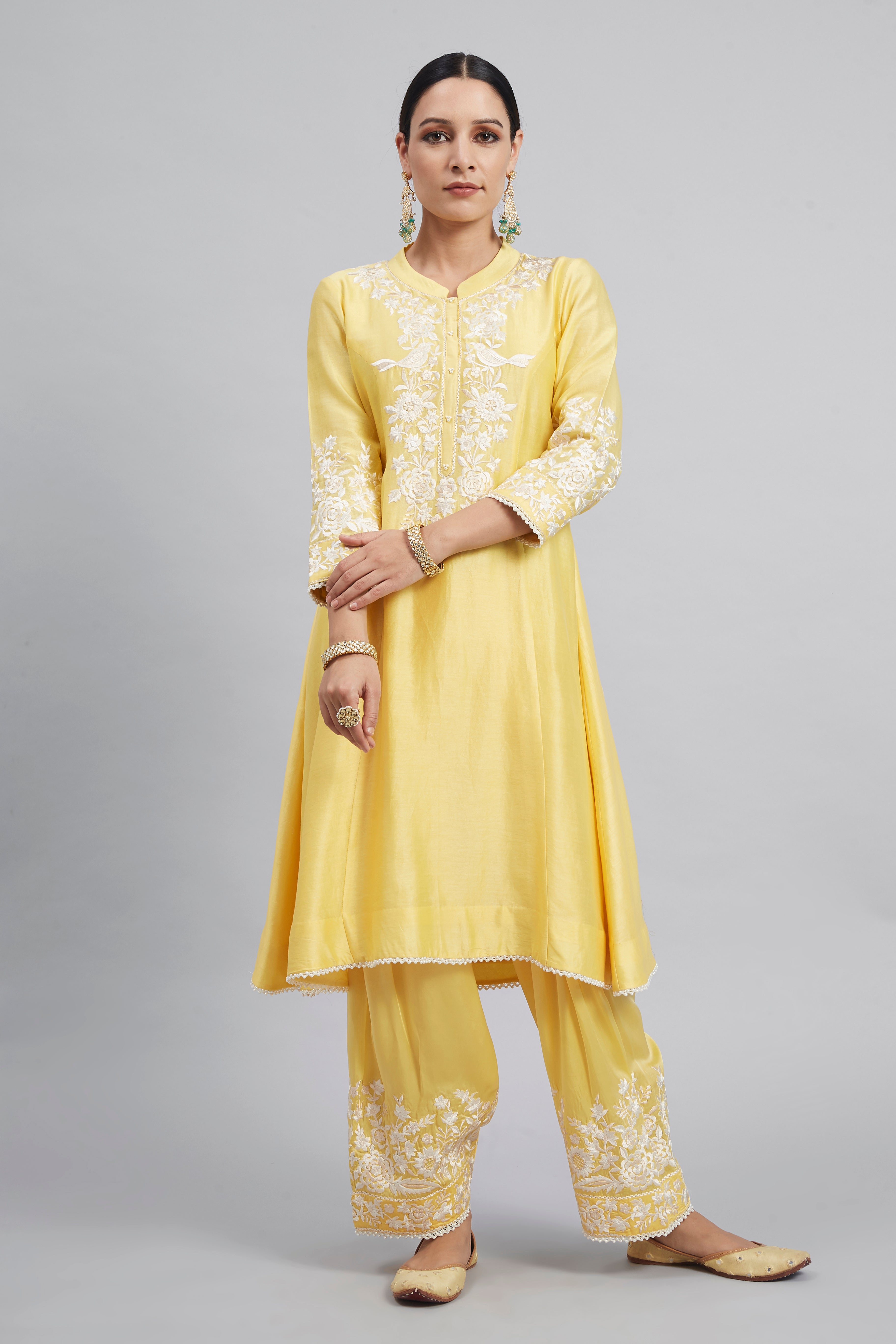 Kaina- Daffodil Yellow Pure chanderi silk embroidered ensemble