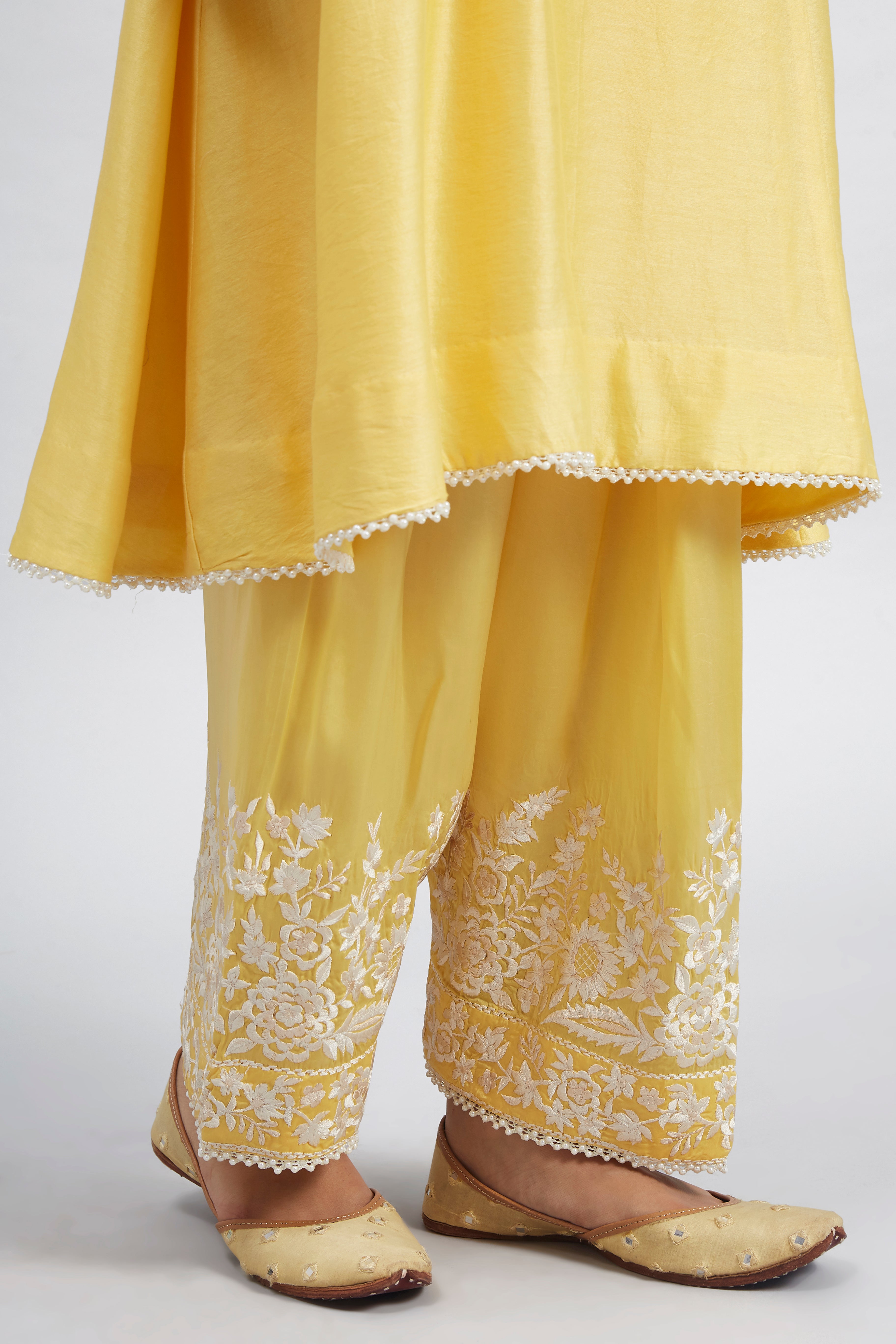 Kaina- Daffodil Yellow Pure chanderi silk embroidered ensemble