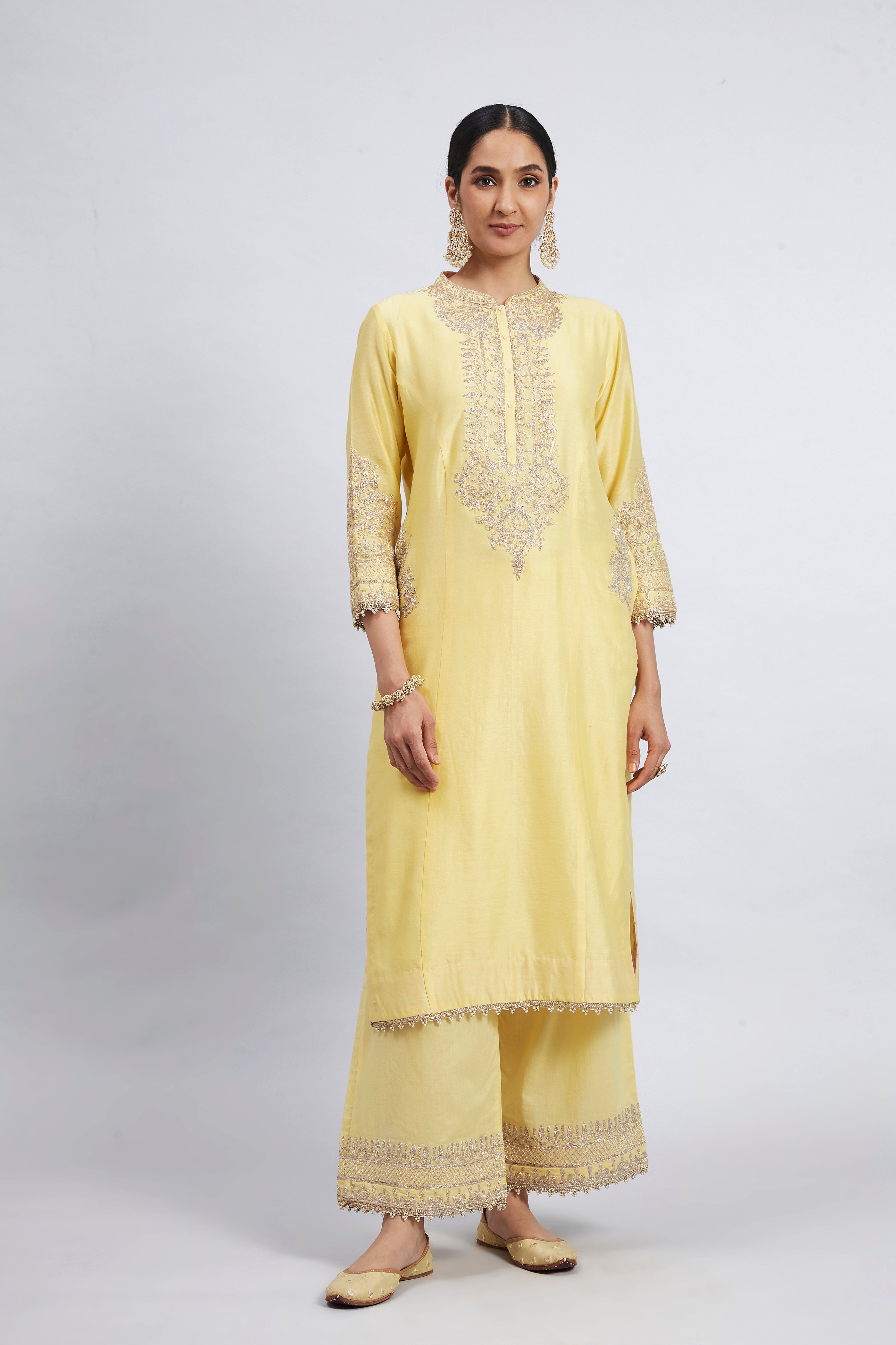 Aadah- Light Yellow Princess-Cut Long Kurta Set