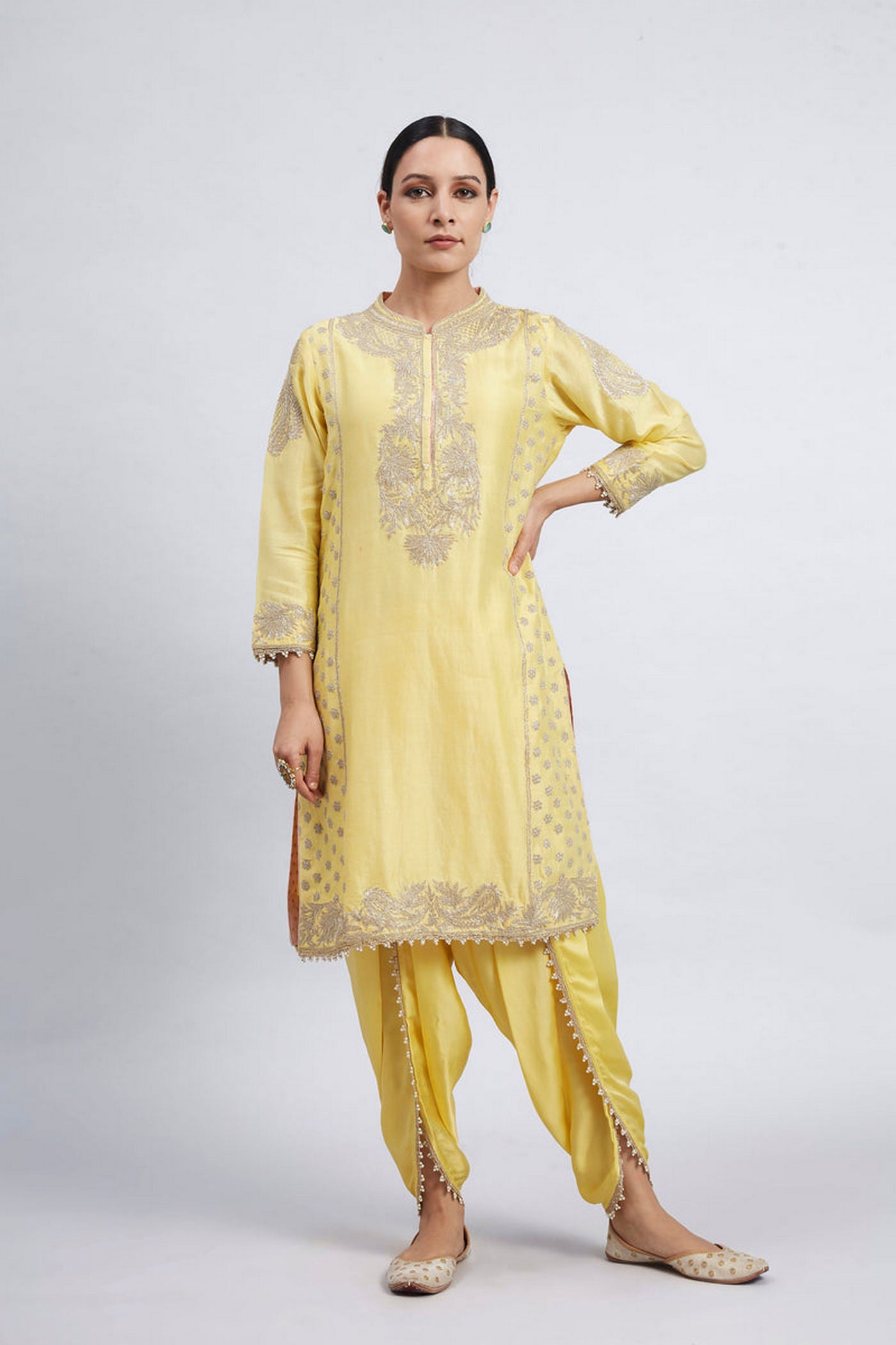 Aabish Mustard Pearl Embroidered Kurta Set