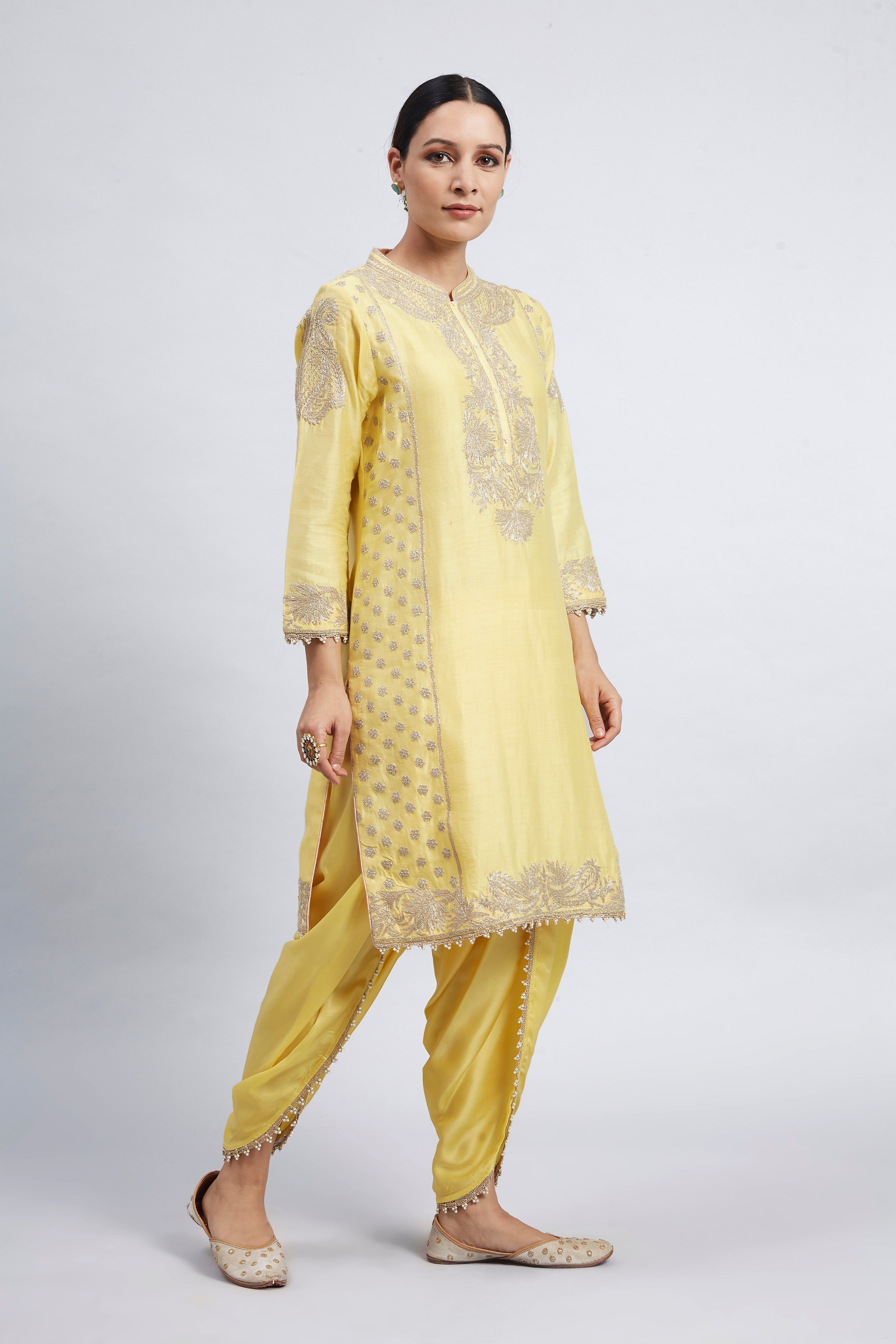 Aabish Mustard Pearl Embroidered Kurta Set