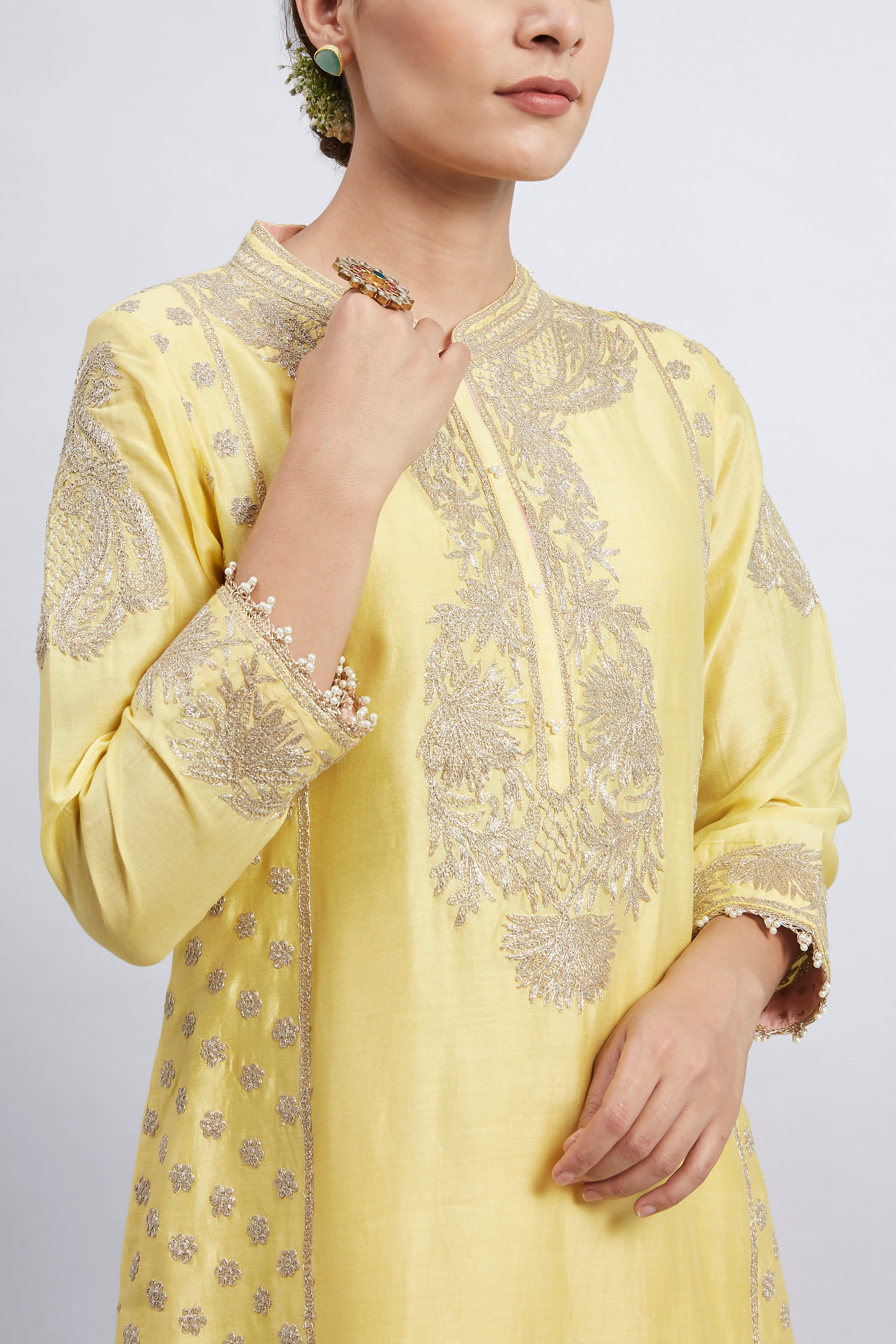 Aabish Mustard Pearl Embroidered Kurta Set