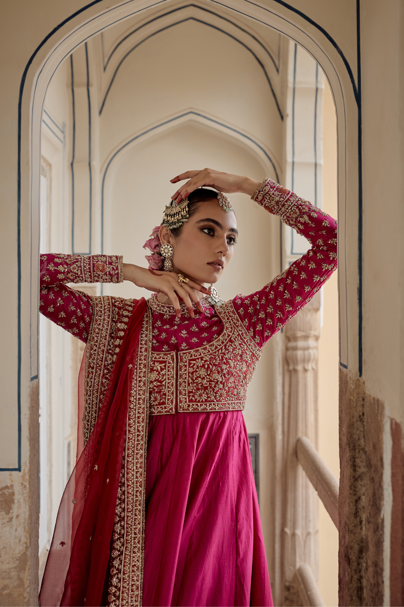 Noor - Dabka Zardozi Embroidered Chanderi Silk Hotpink Anarkali Set