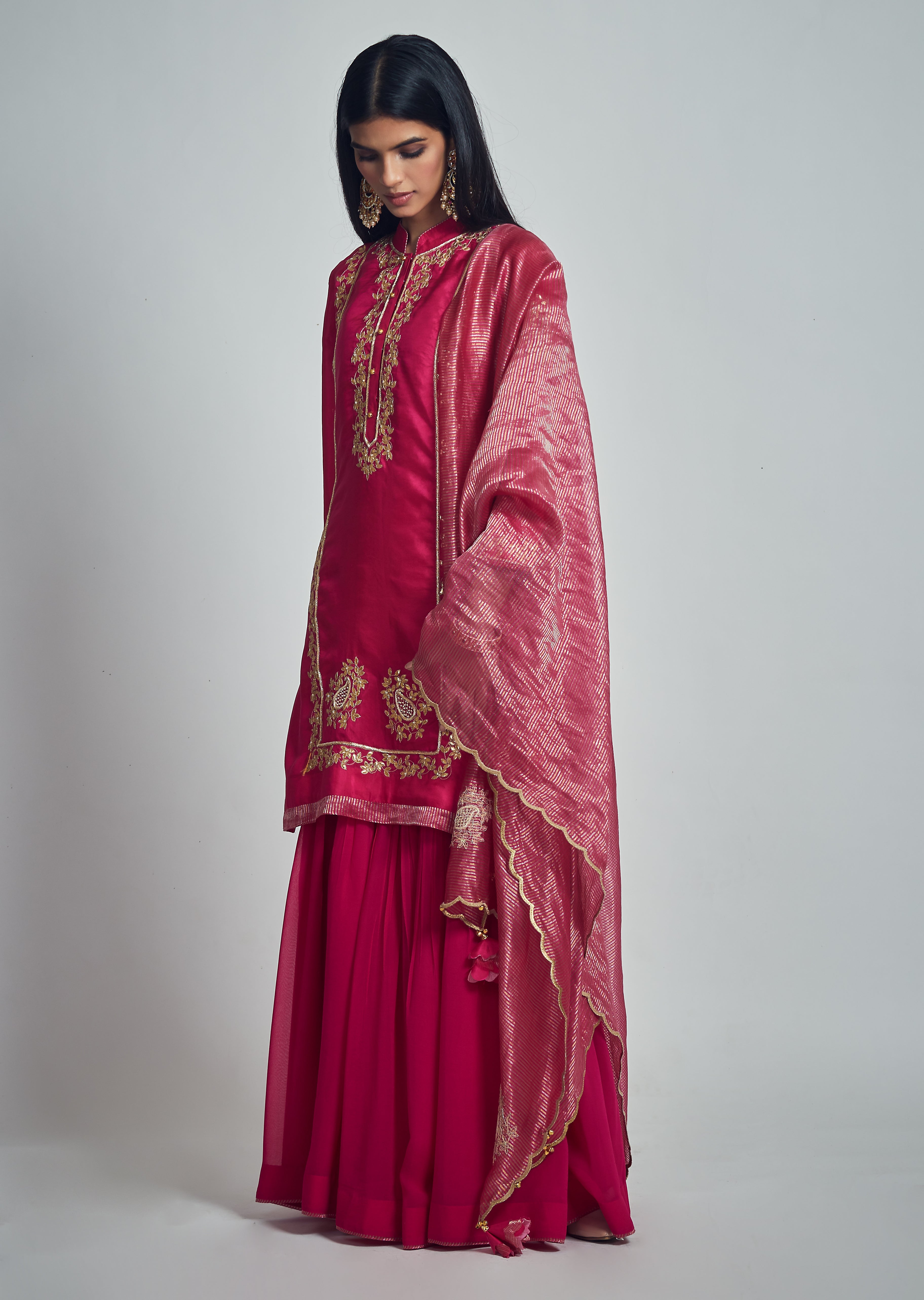 Nasira- Hotpink Pink Habutai Silk Gota Patti Embroidered Kurta With Garara And Dupatta