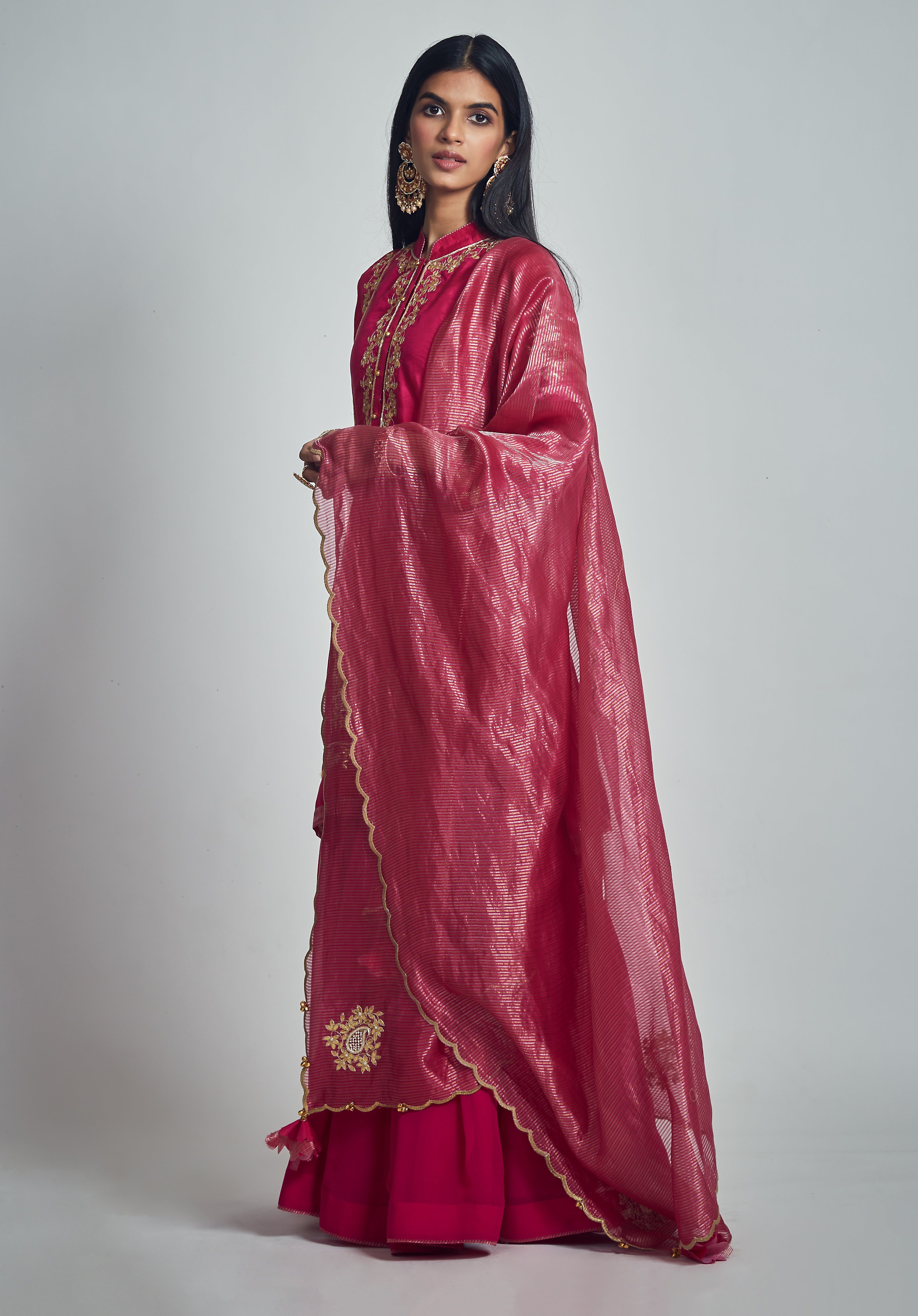 Nasira- Hotpink Pink Habutai Silk Gota Patti Embroidered Kurta With Garara And Dupatta
