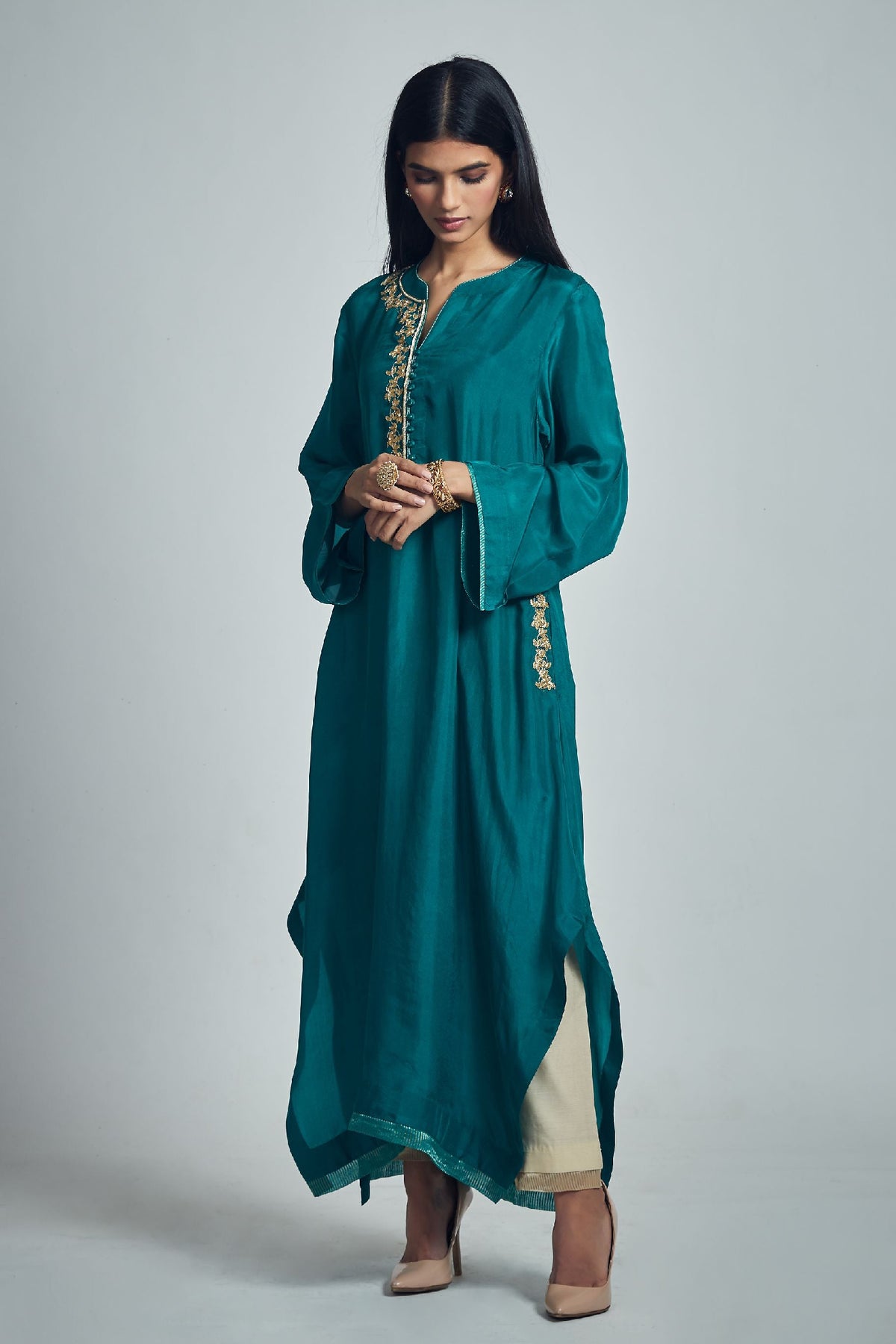 Nyasia- Emerald green Habutai silk Gota Patti embroidered choga