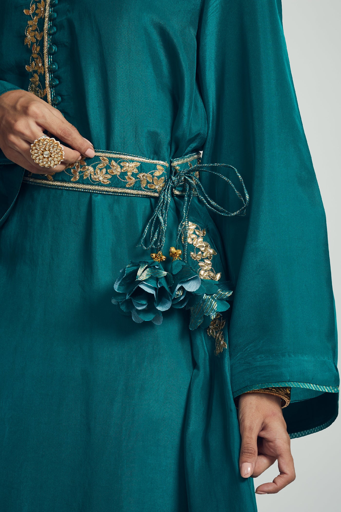 Nyasia- Emerald green Habutai silk Gota Patti embroidered choga
