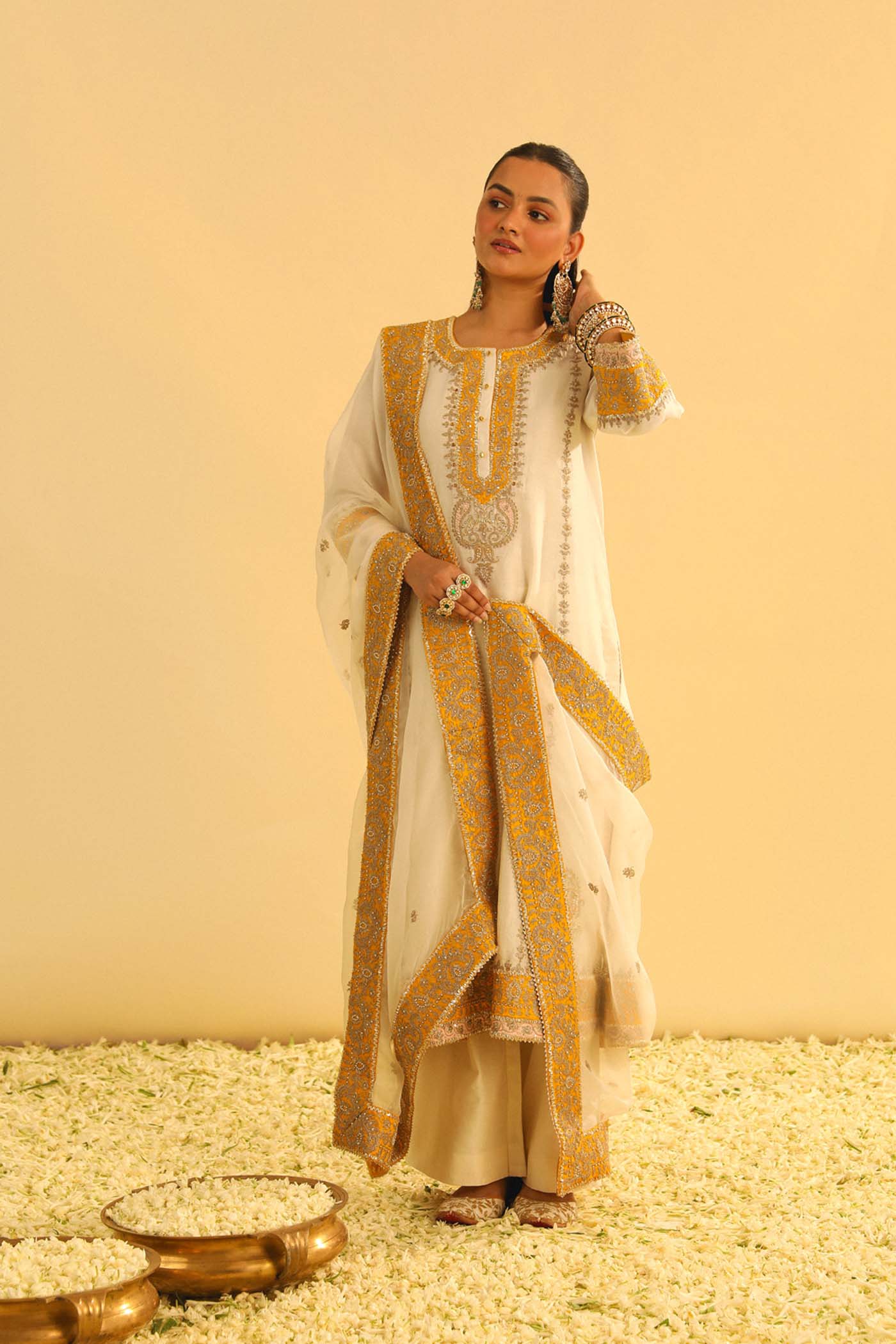 Asmira - Daisy Ivory Long Kurta with Palazzo & Dupatta (Lxrts)