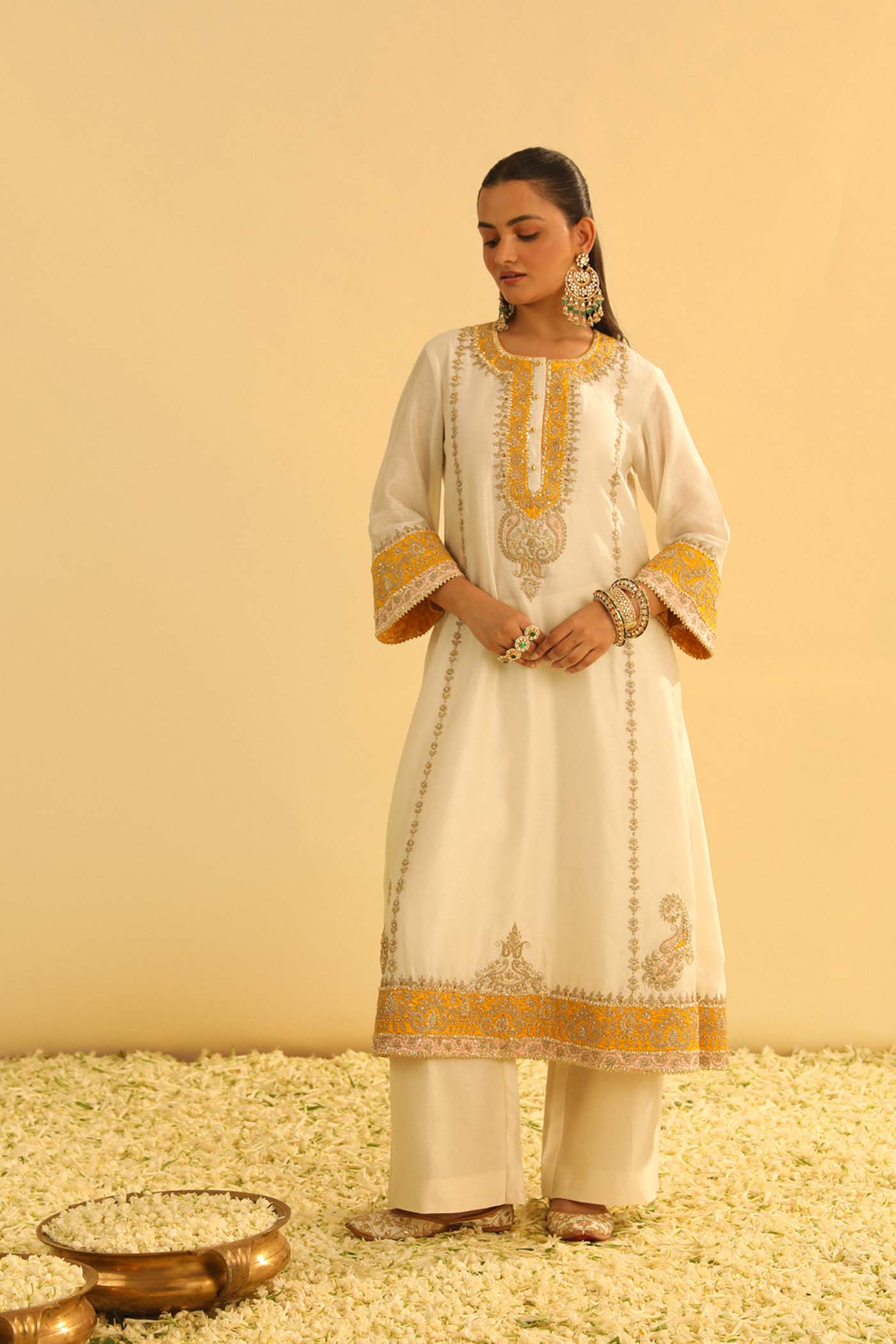 Asmira - Daisy Ivory Long Kurta with Palazzo & Dupatta (Lxrts)