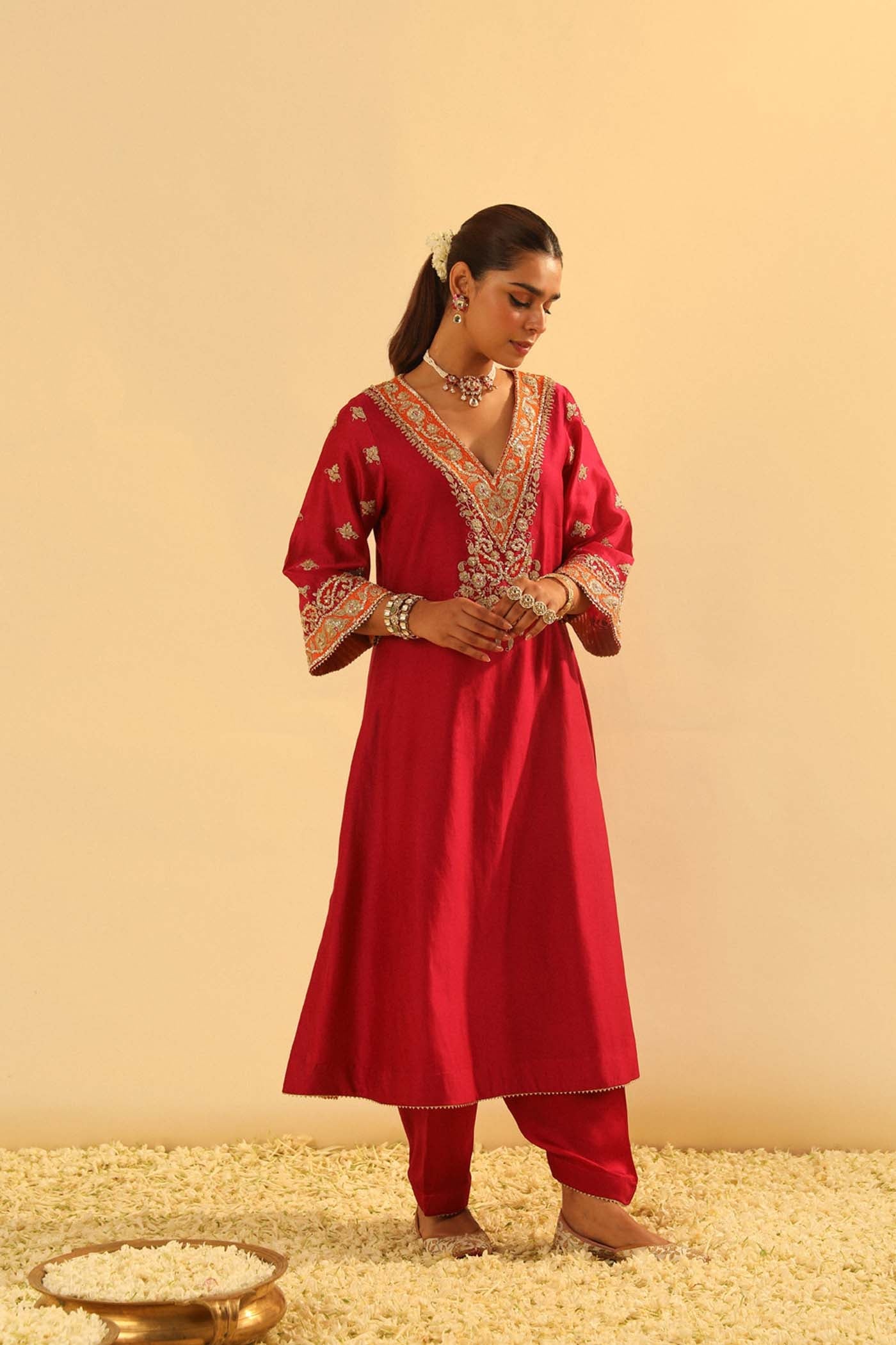 Alima - Red Long A-line Choga with Salwar (Lxrts)