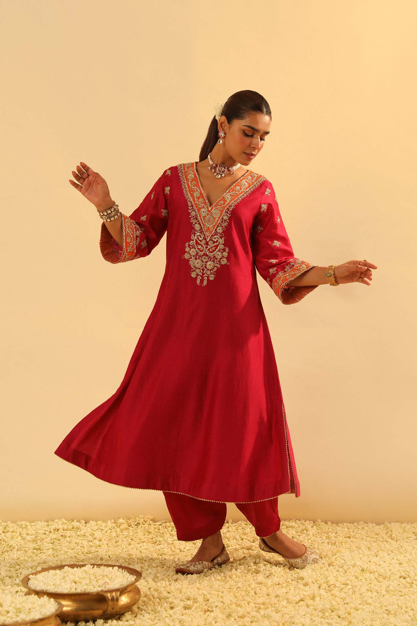 Alima - Red Long A-line Choga with Salwar (Lxrts)