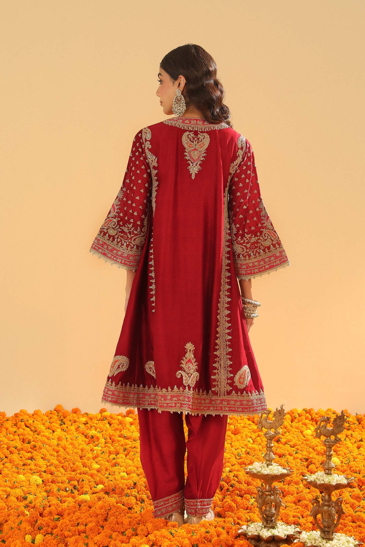 Shahzain - Deep Red Knee Length Kalidaar Chauga with Salwar (Lxrts)