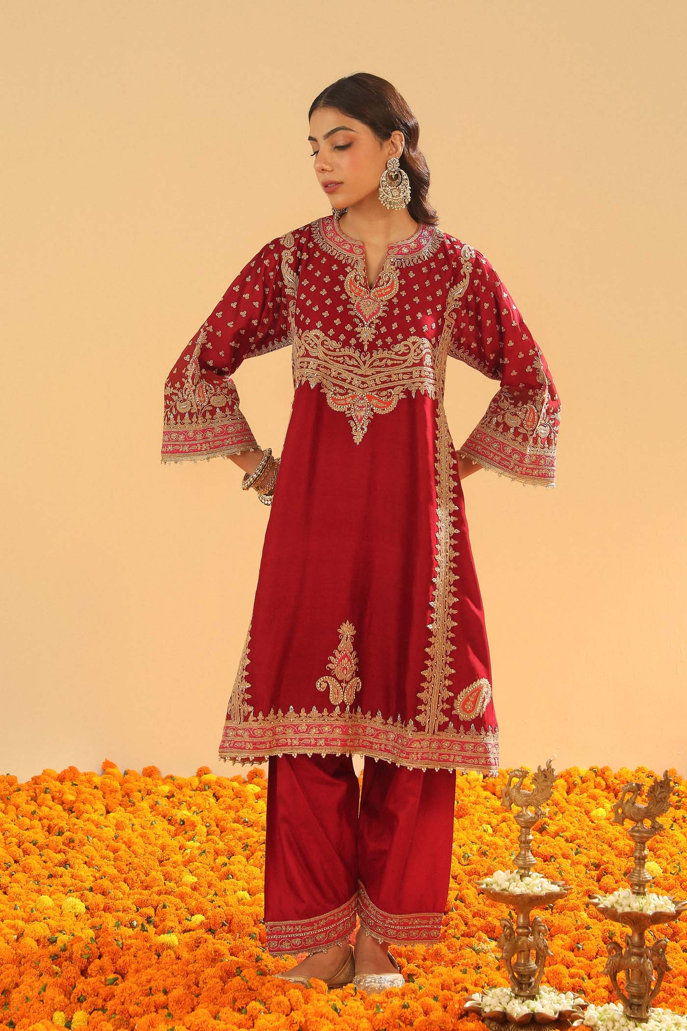 Shahzain - Deep Red Knee Length Kalidaar Chauga with Salwar (Lxrts)