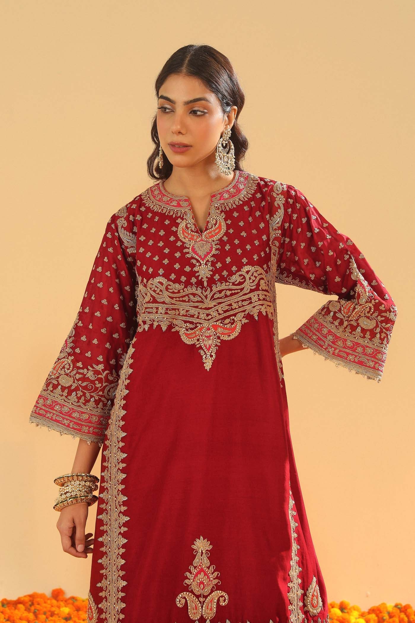 Shahzain - Deep Red Knee Length Kalidaar Chauga with Salwar (Lxrts)