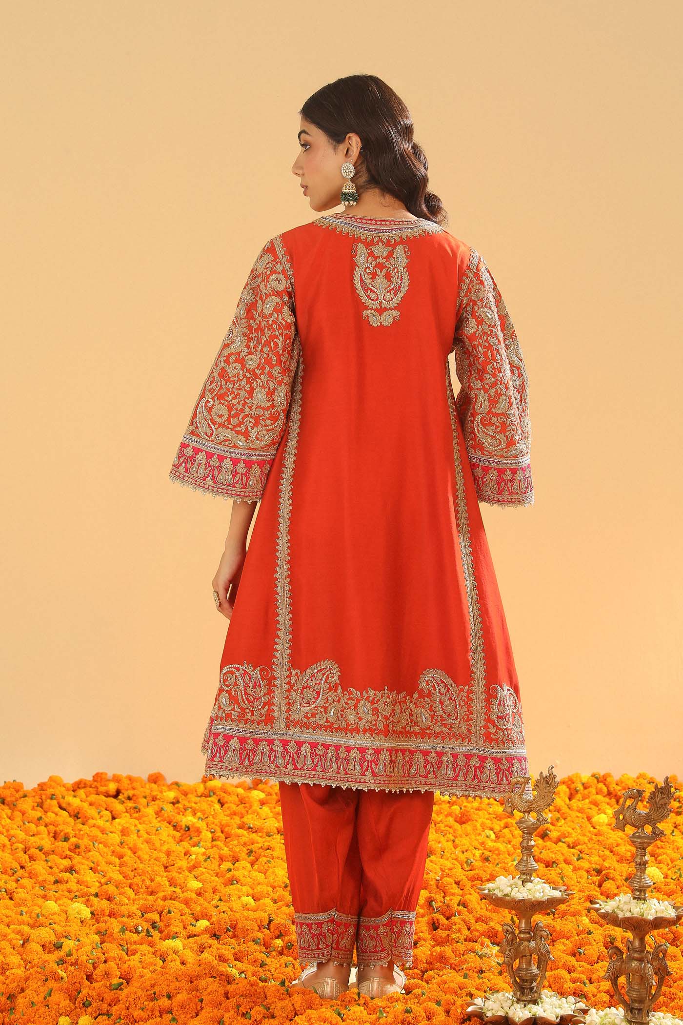 Irha - Burnt Orange Knee Length Kalidaar Chauga with Salwar