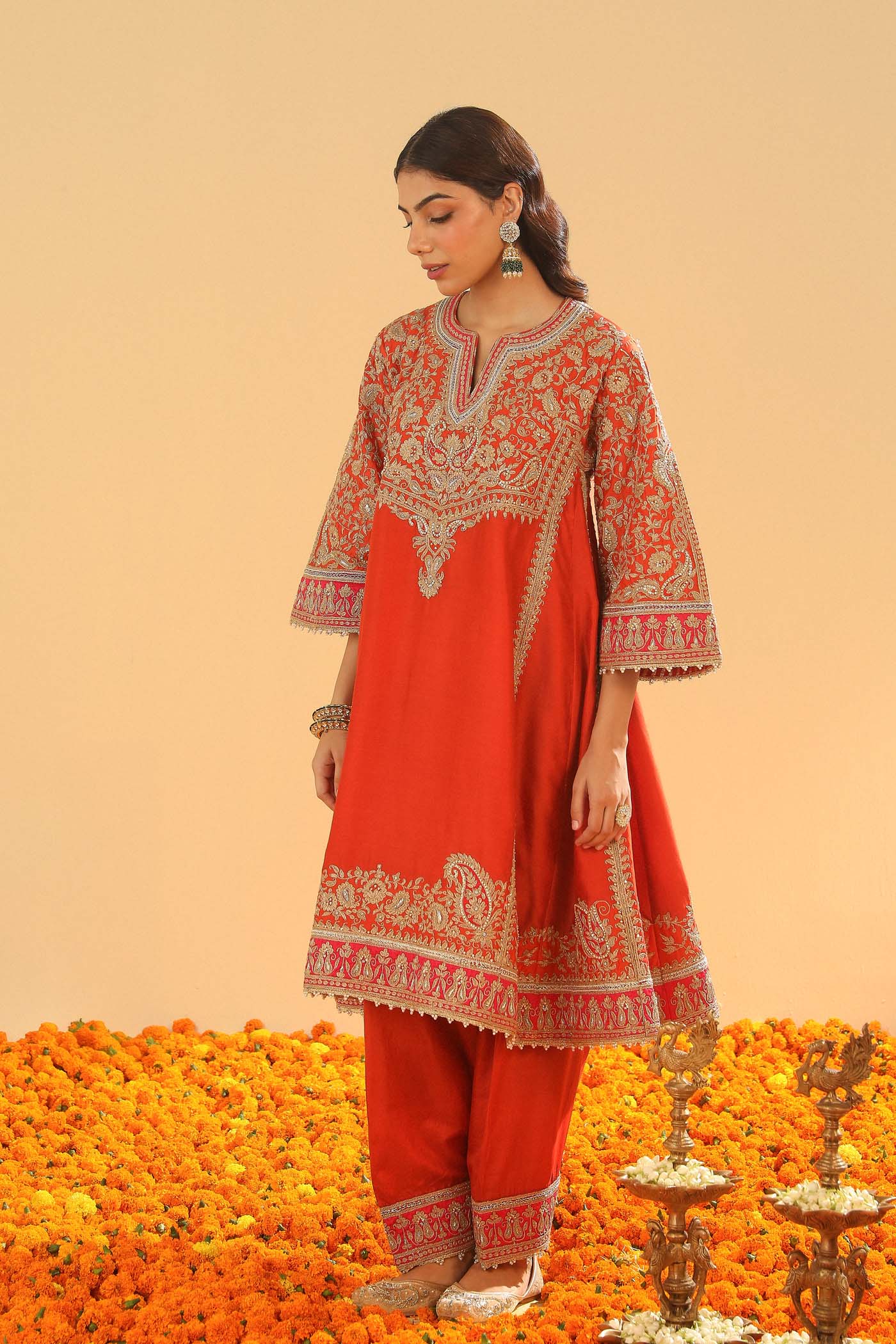 Irha - Burnt Orange Knee Length Kalidaar Chauga with Salwar