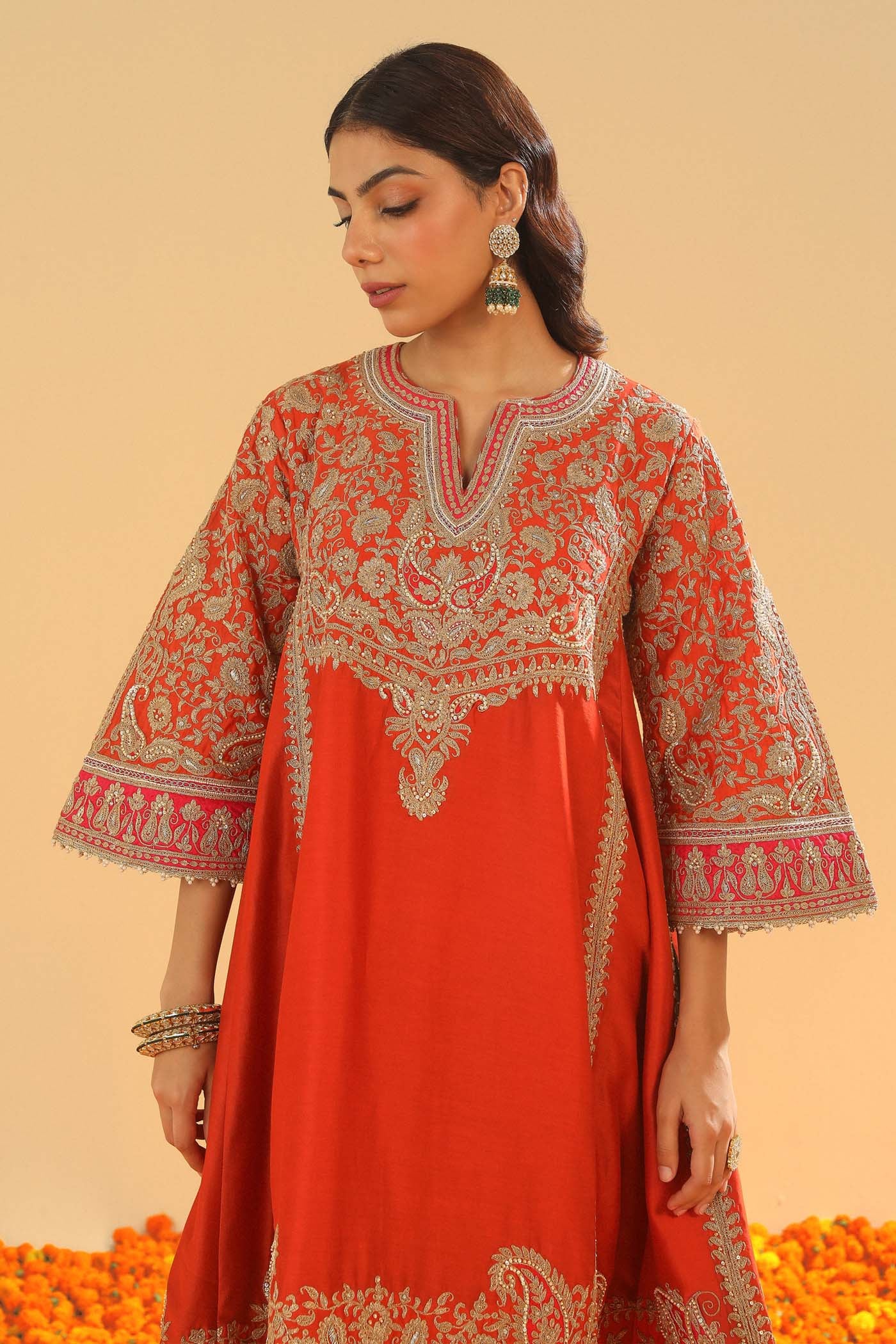 Irha - Burnt Orange Knee Length Kalidaar Chauga with Salwar