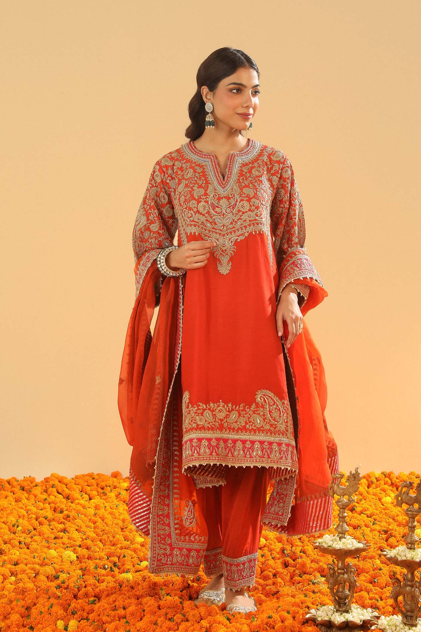 Irha - Burnt Orange Knee Length Kalidaar Chauga with Salwar