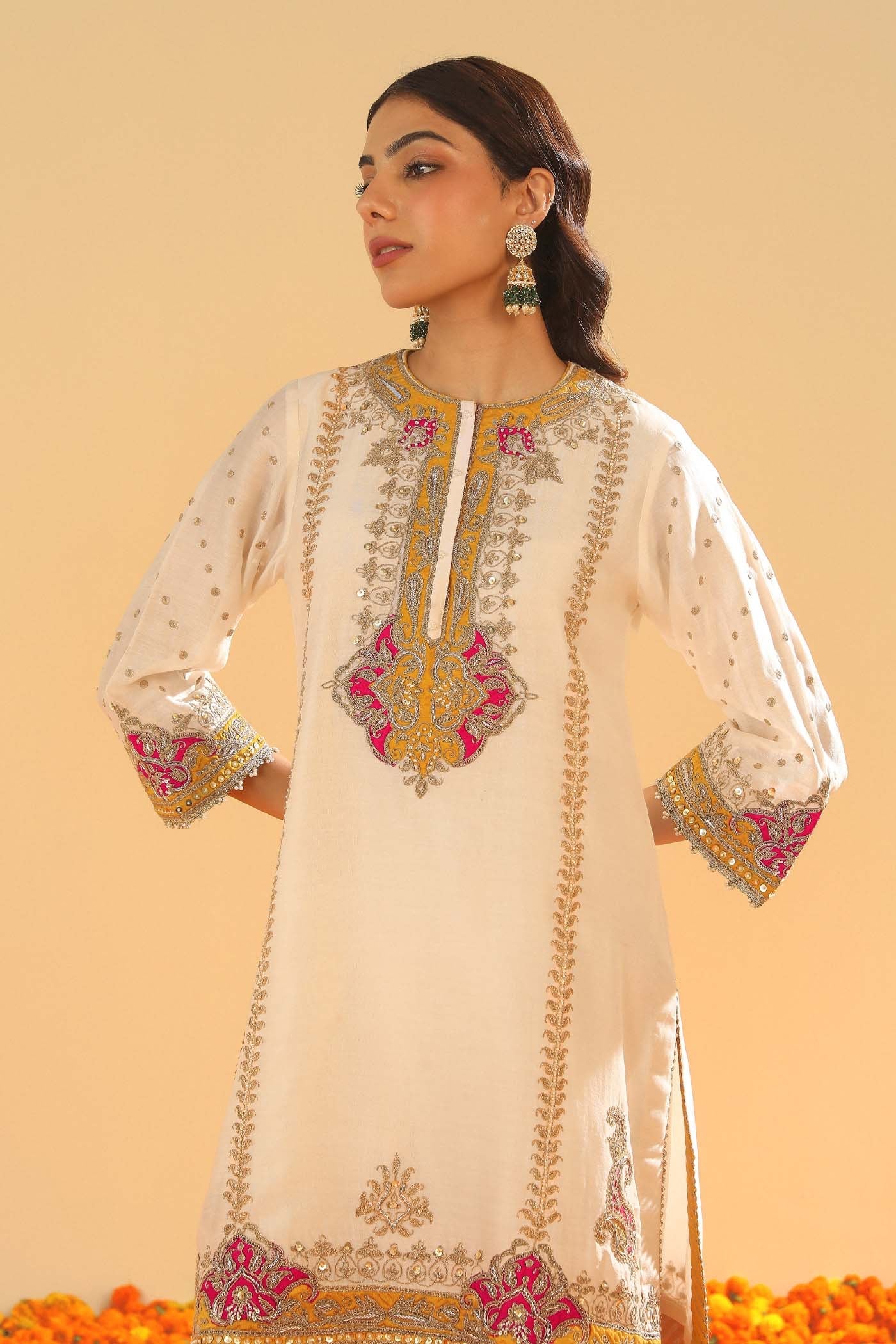Ziana - Daisy Ivory Short Straight Kurta with Salwar and Dupatta (Lxrts)