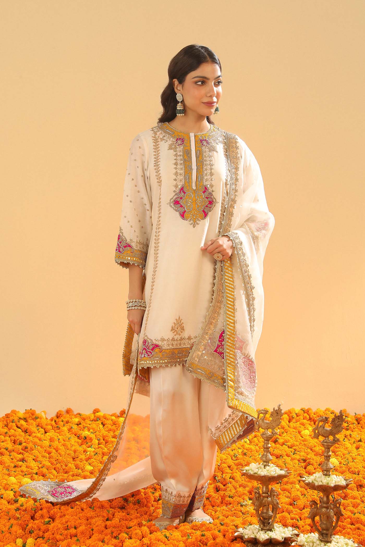 Ziana - Daisy Ivory Short Straight Kurta with Salwar and Dupatta (Lxrts)