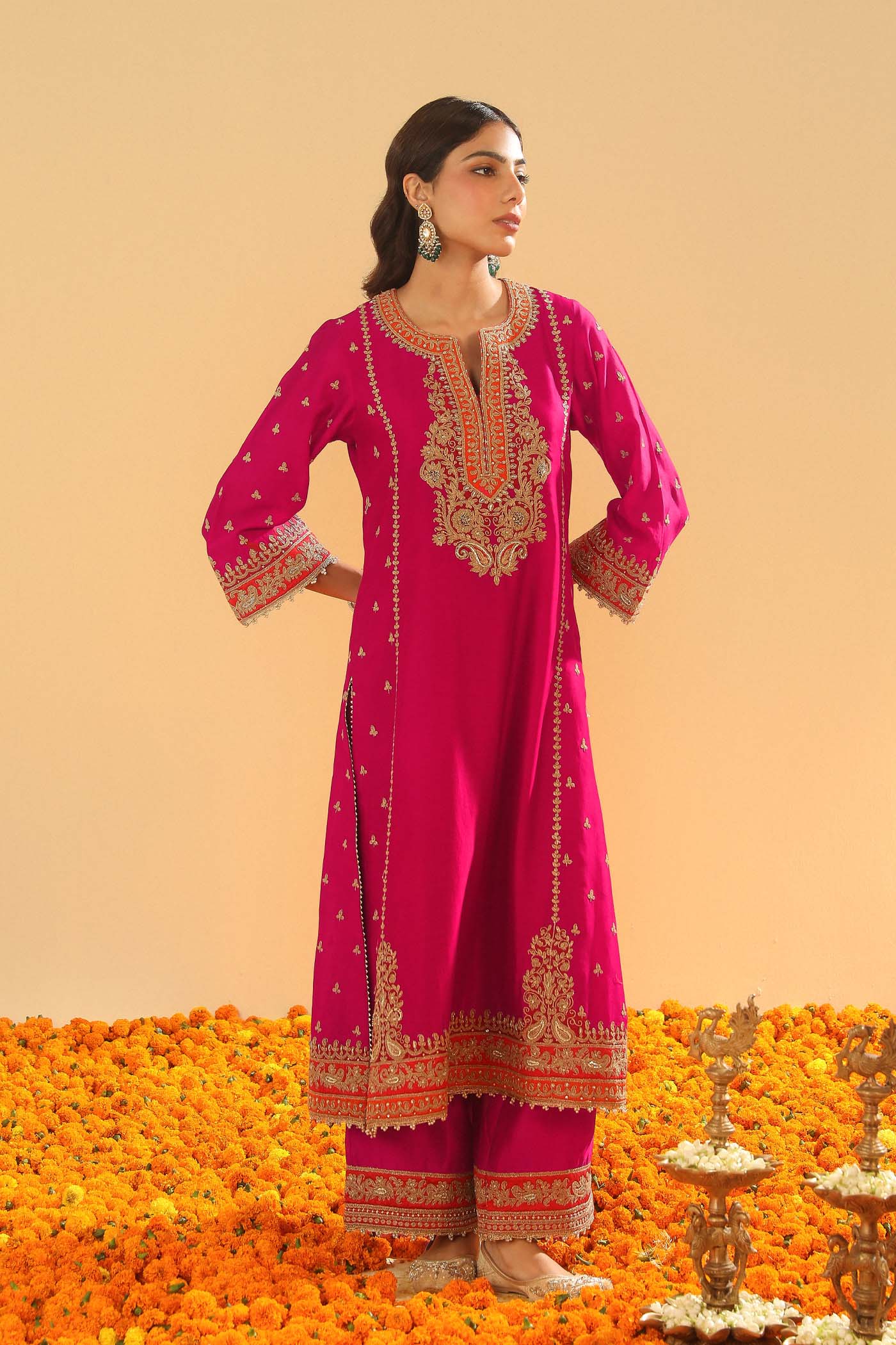 Aamish - Hotpink Long A-line Kurta with Palazzo (Lxrts)