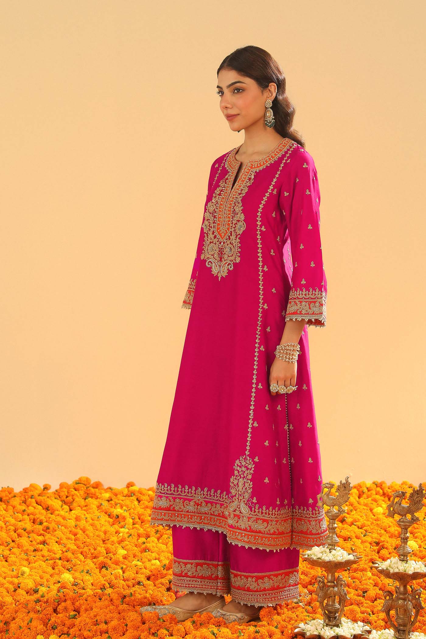 Aamish - Hotpink Long A-line Kurta with Palazzo (Lxrts)
