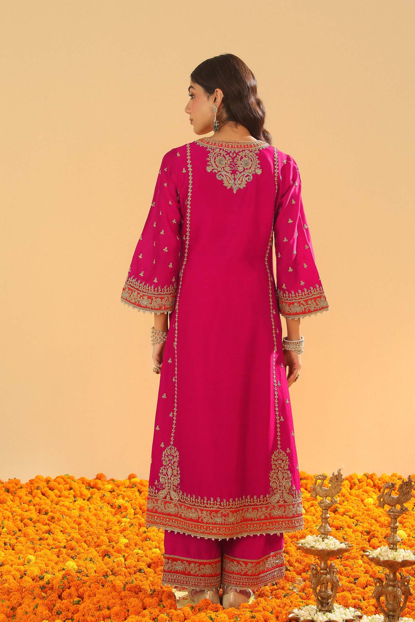 Aamish - Hotpink Long A-line Kurta with Palazzo (Lxrts)