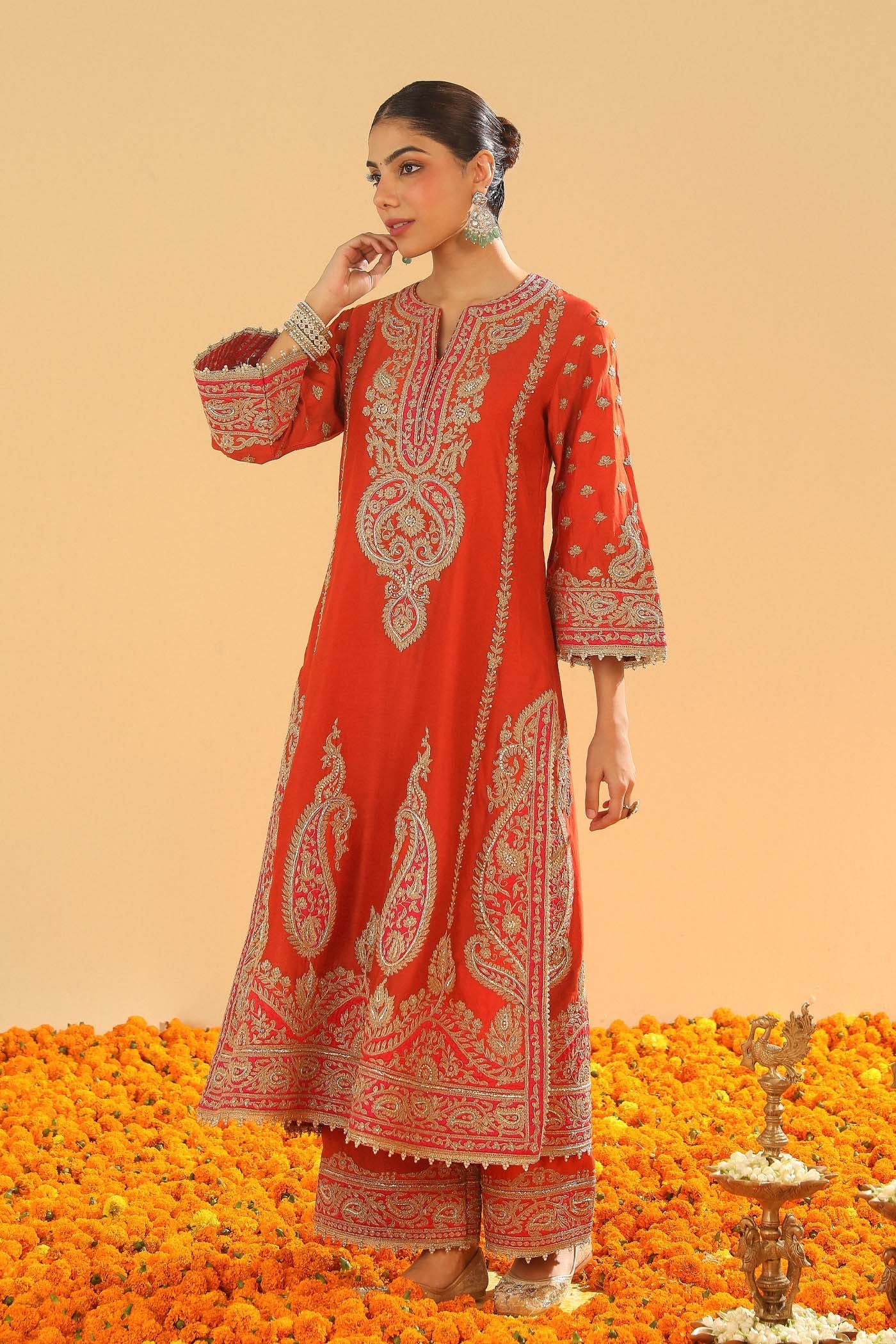 Misam - Burnt Orange Long A-line Kurta with Palazzo (Lxrts)