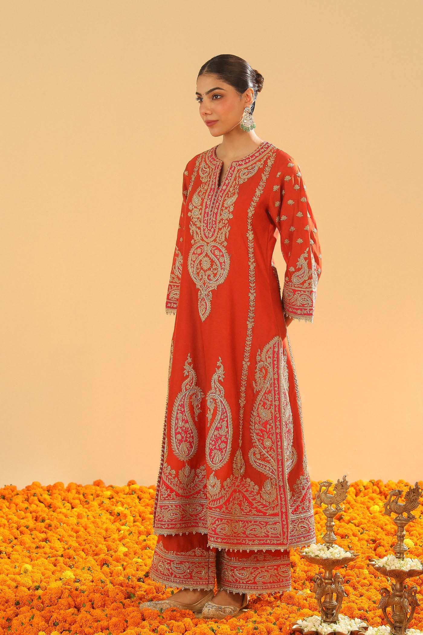 Swati Vatssa in Misam - Burnt Orange Long A-line Kurta with Palazzo