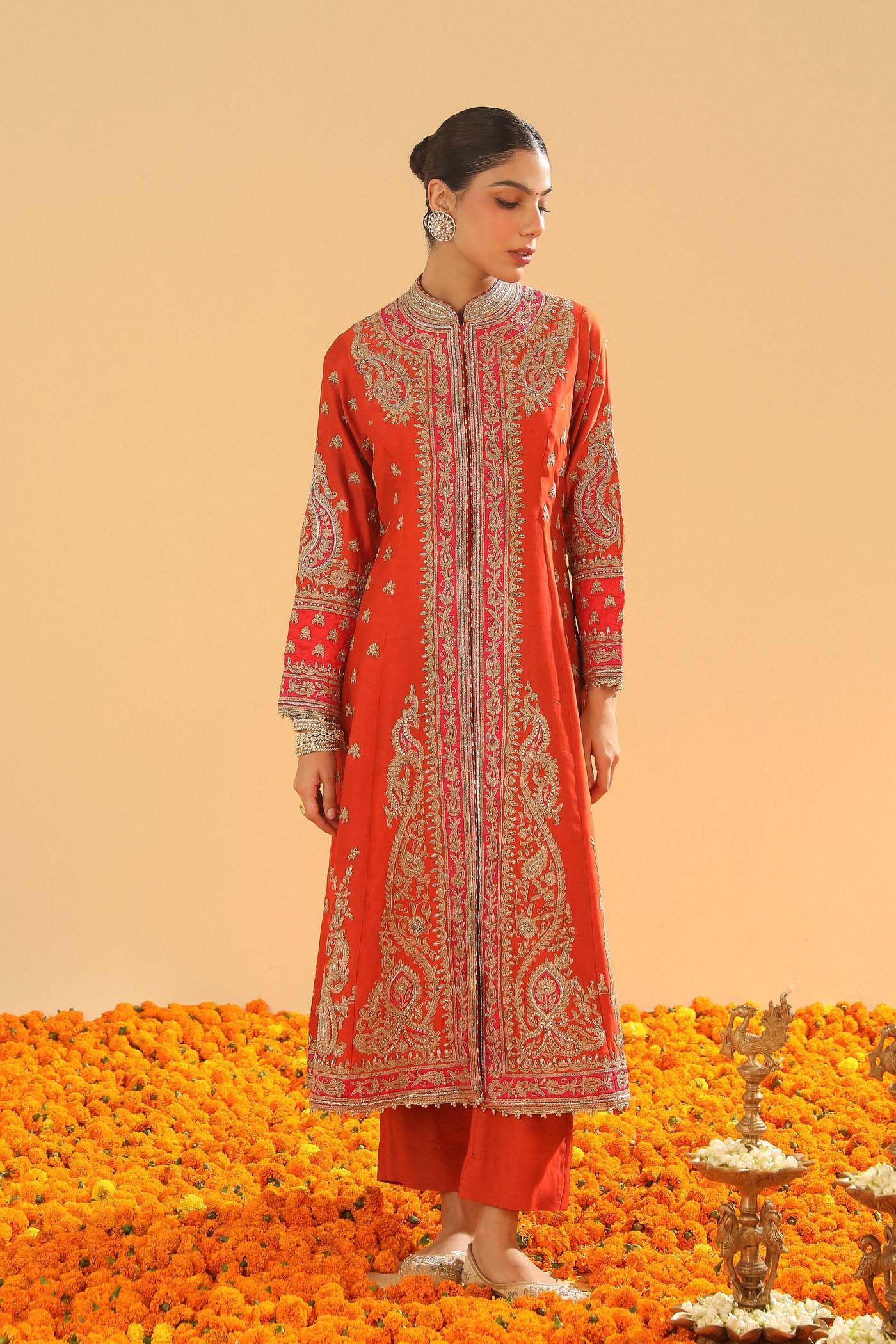 Amayah - Burnt Orange Long A-line Jacket with Pant