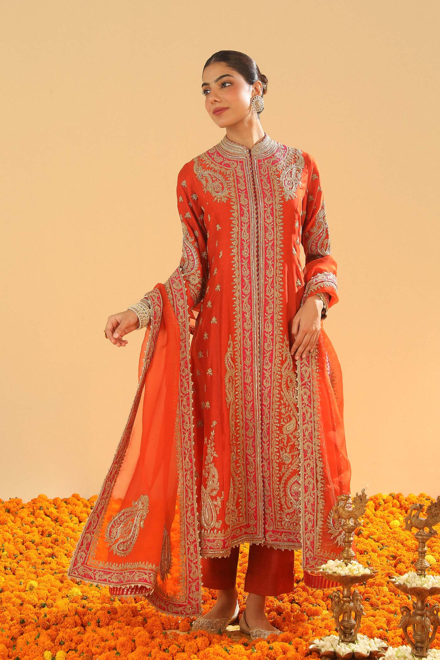 Amayah - Burnt Orange Long A-line Jacket with Pant