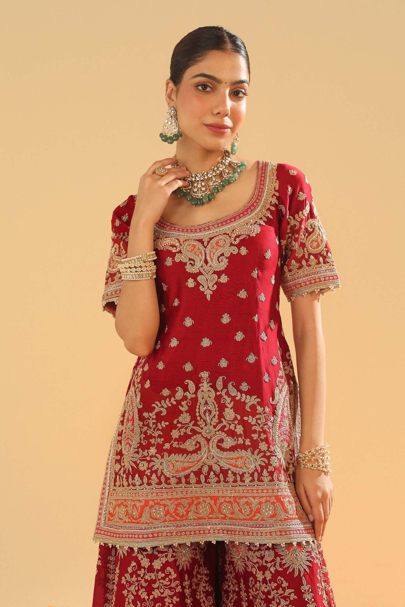 Sehrish - Deep Red Short Kurta with Sharara (Lxrts)