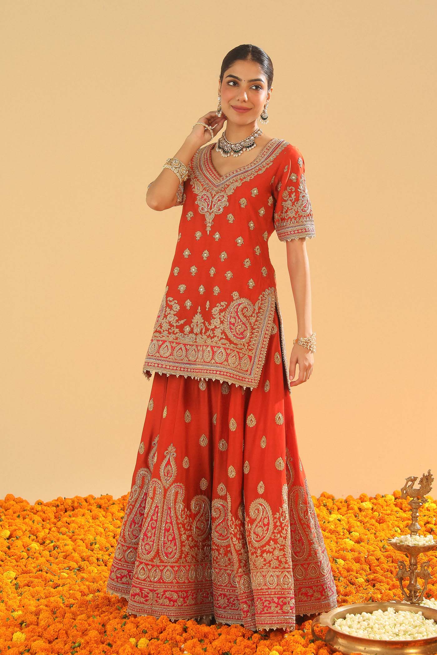 Shazfa - Burnt Orange Short Kurta with Sharara (Lxrts)