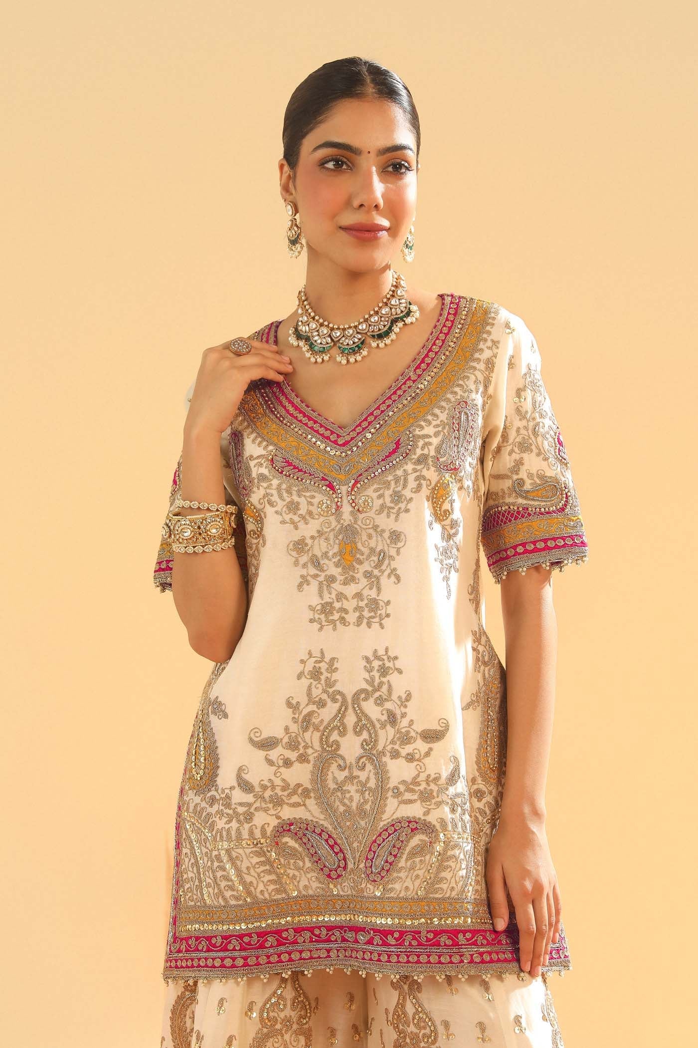 Sadiya - Daisy Ivory Short Kurta with Sharara (Lxrts)
