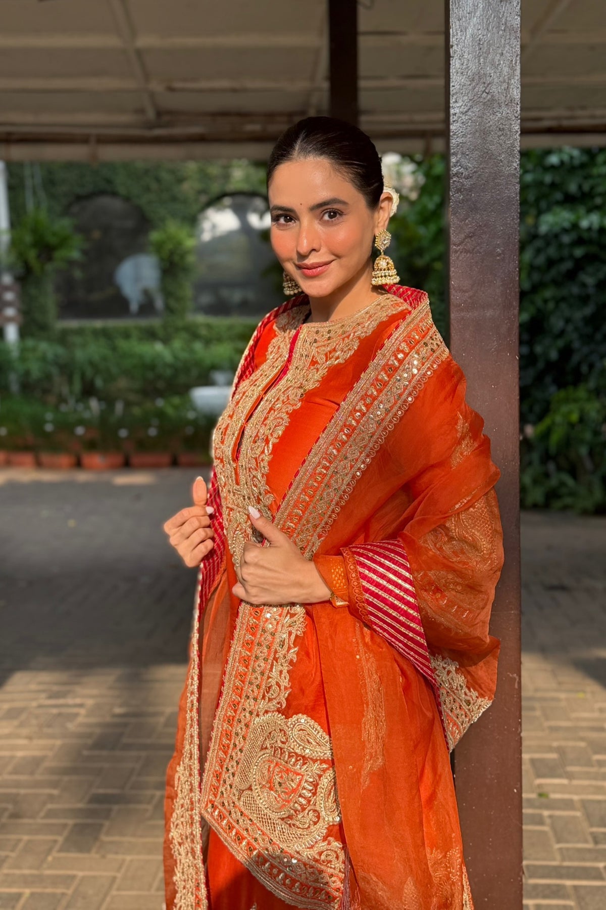 Aamna Sharif in Umaira - Burnt Orange Long Kurta Set with Salwar & Dupatta