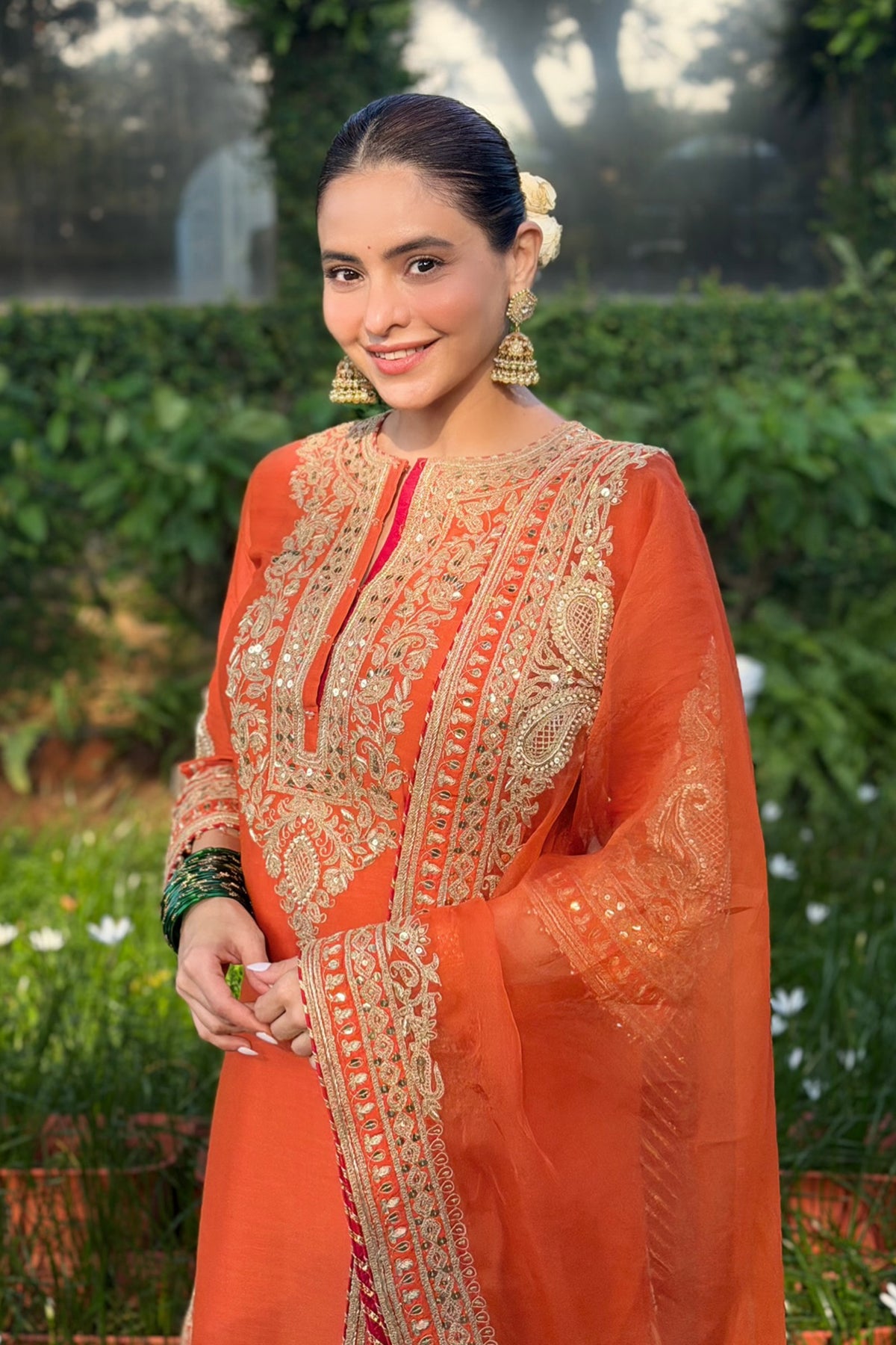 Aamna Sharif in Umaira - Burnt Orange Long Kurta Set with Salwar & Dupatta