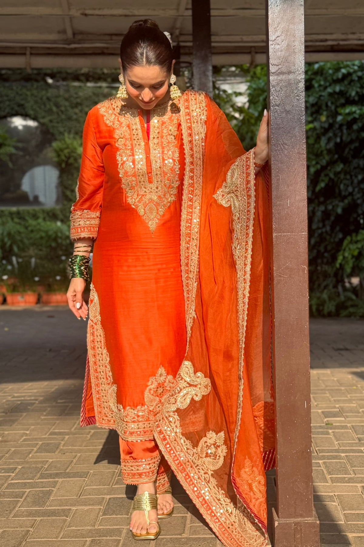 Aamna Sharif in Umaira - Burnt Orange Long Kurta Set with Salwar & Dupatta