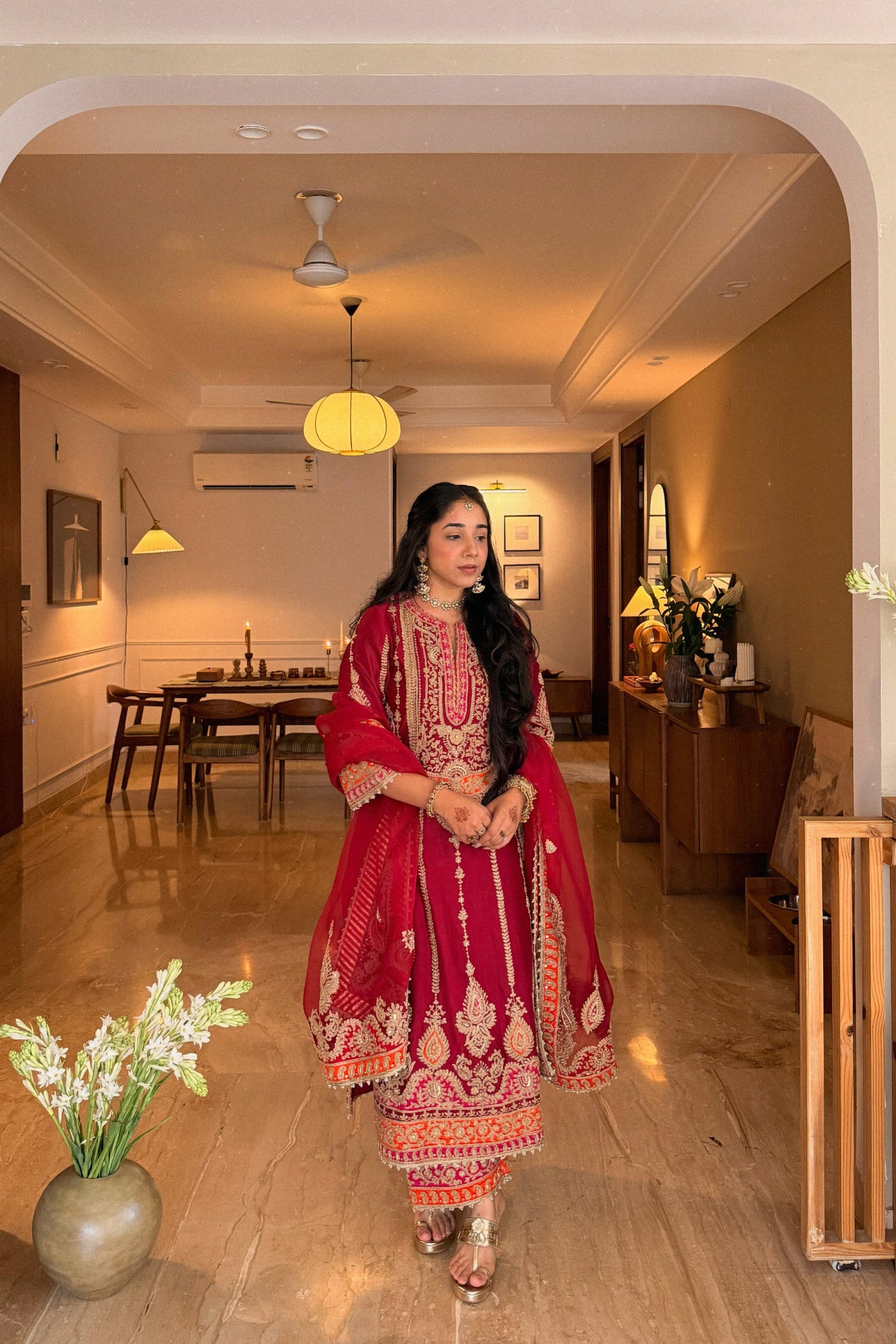 Maneet Bedi In Rua - Deep Red Long A-line Kurta with Palazzo