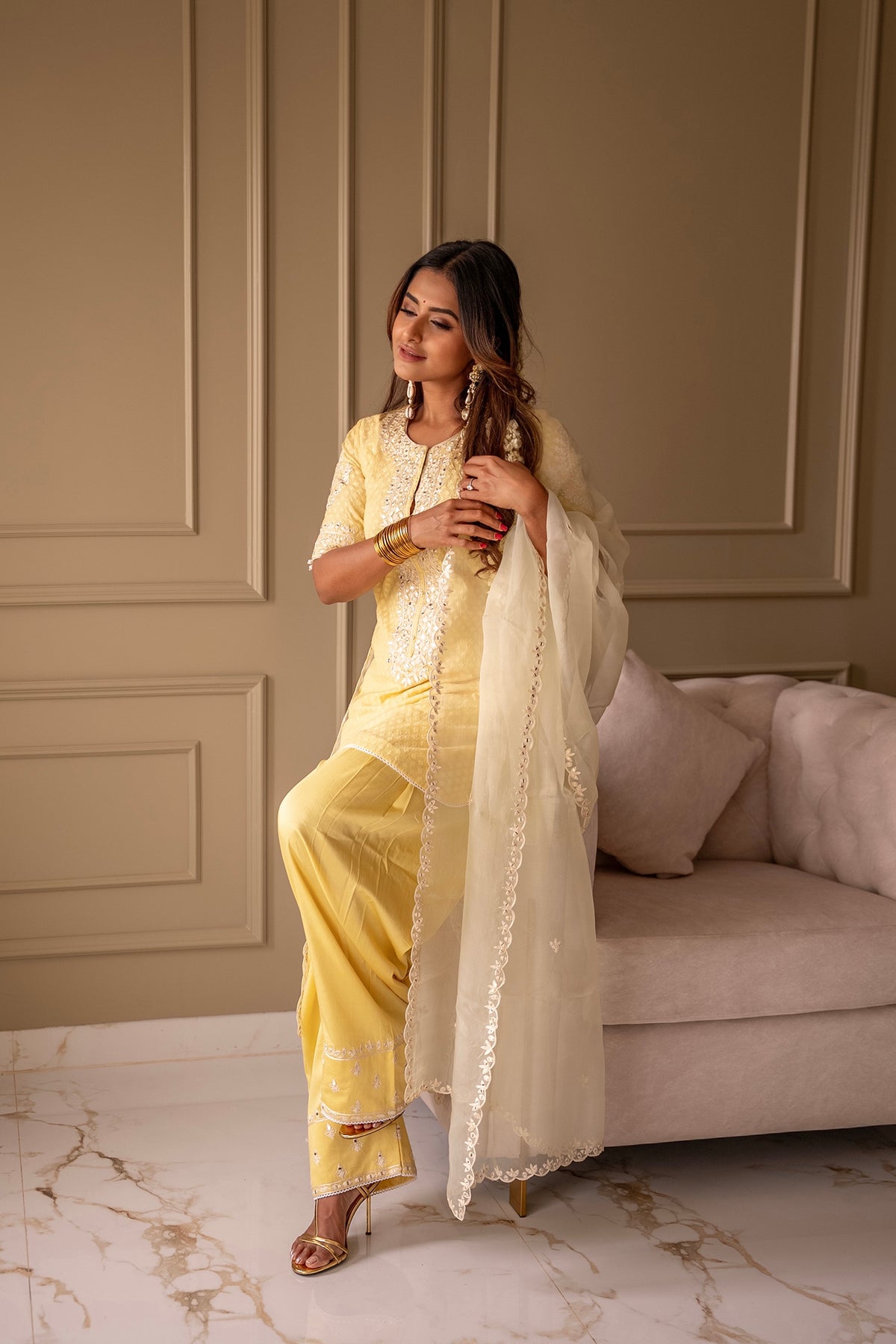 Pranwesha In Anaisha - Lemon Yellow Short Kurta With Farshi Salwar