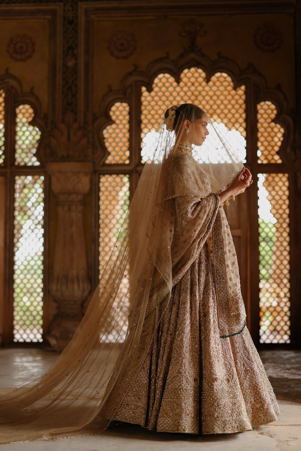 Afreen - Gold Tissue Lehenga Set with Blouse & Silk Organza Dupattas